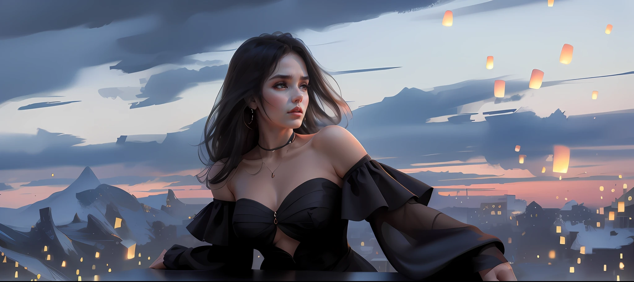 A woman in an off-the-shoulder outfit,The arms droop naturally,looking to the camera,highest  quality