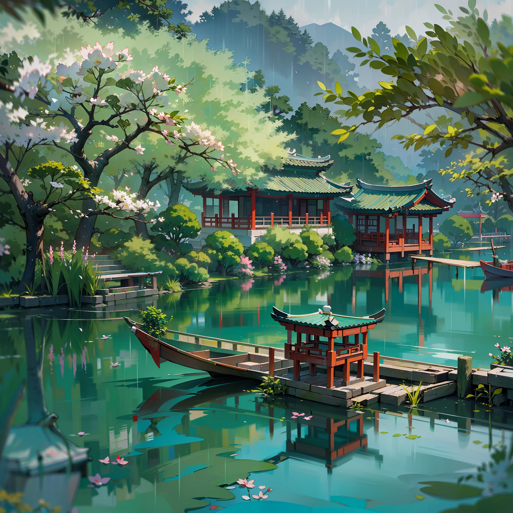 Spring has sprung，Grandiose scenes，Gangnam scenery，Flowers red willow green，Turquoise Lake（Turquoise Lake × 2.0)，Calm lake，West Lake view，A small boat with a colorful canopy（There is only one），On board sat an ancient Chinese poet（only one），【The boat contrasts with the wide lake】，Drizzle（Rainy days），rain，Mist，Green trees，Faraway view，a sense of atmosphere，China-style，In the distance, A corner of the pavilion looms，Ancient China，vibrant with colors，Rule of thirds composition, Highest image quality，visual shock。