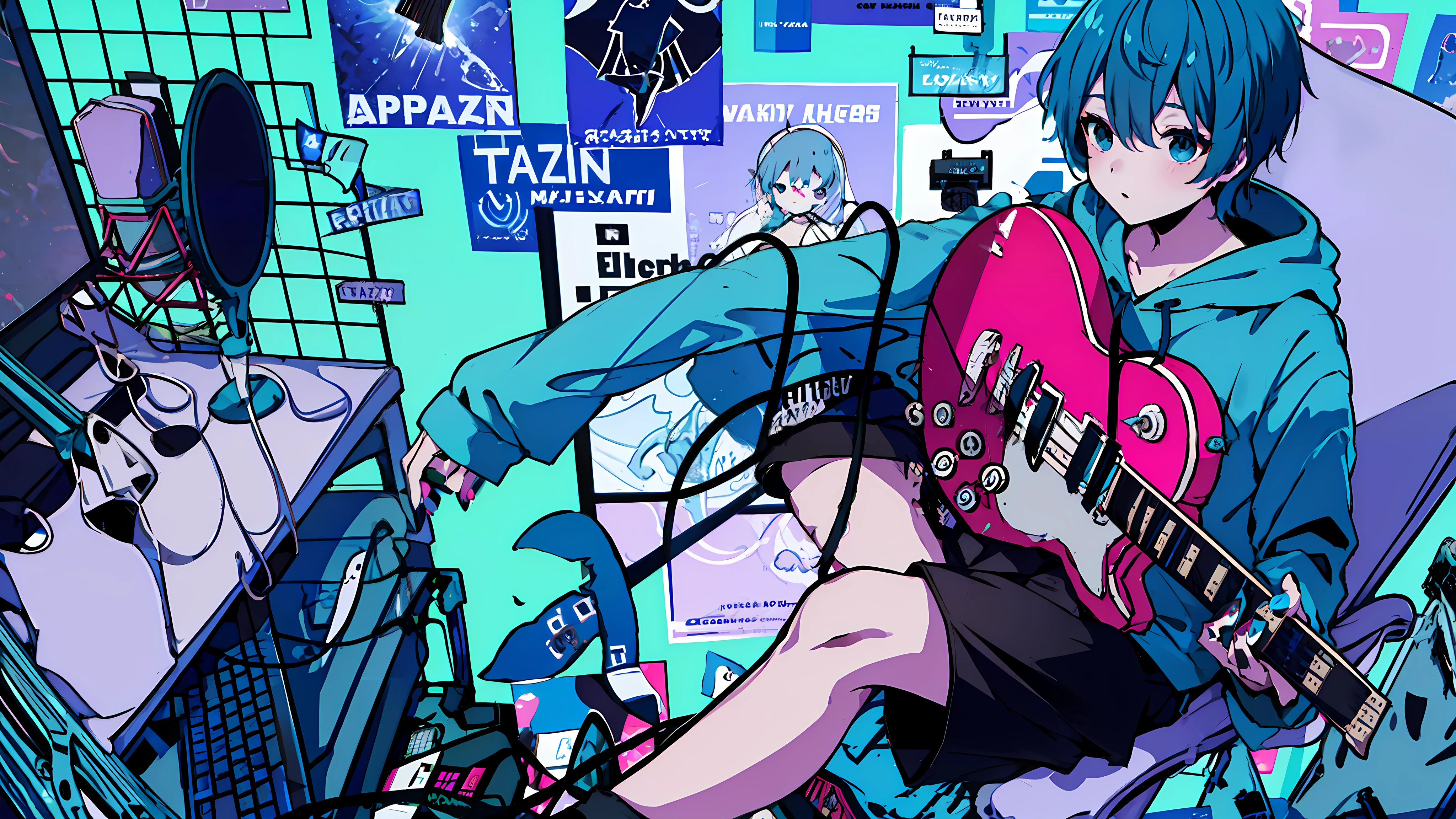 masterpiece, best quality, full body, ((1boy)), (Boy Wearing a blue shark tail hoodie), (Boy Messy Japanese Round Haircut for Thick Hair), (blue nails), (blue hair), black shorts, ((solo)), (magazine:1.3), (cover-style:1.3), fashionable, holding, sitting, chair, instrument, microphone, guitar, cable, computer, monitor, holding instrument, electric guitar, poster (object), keyboard (computer), mouse (computer), amplifier,