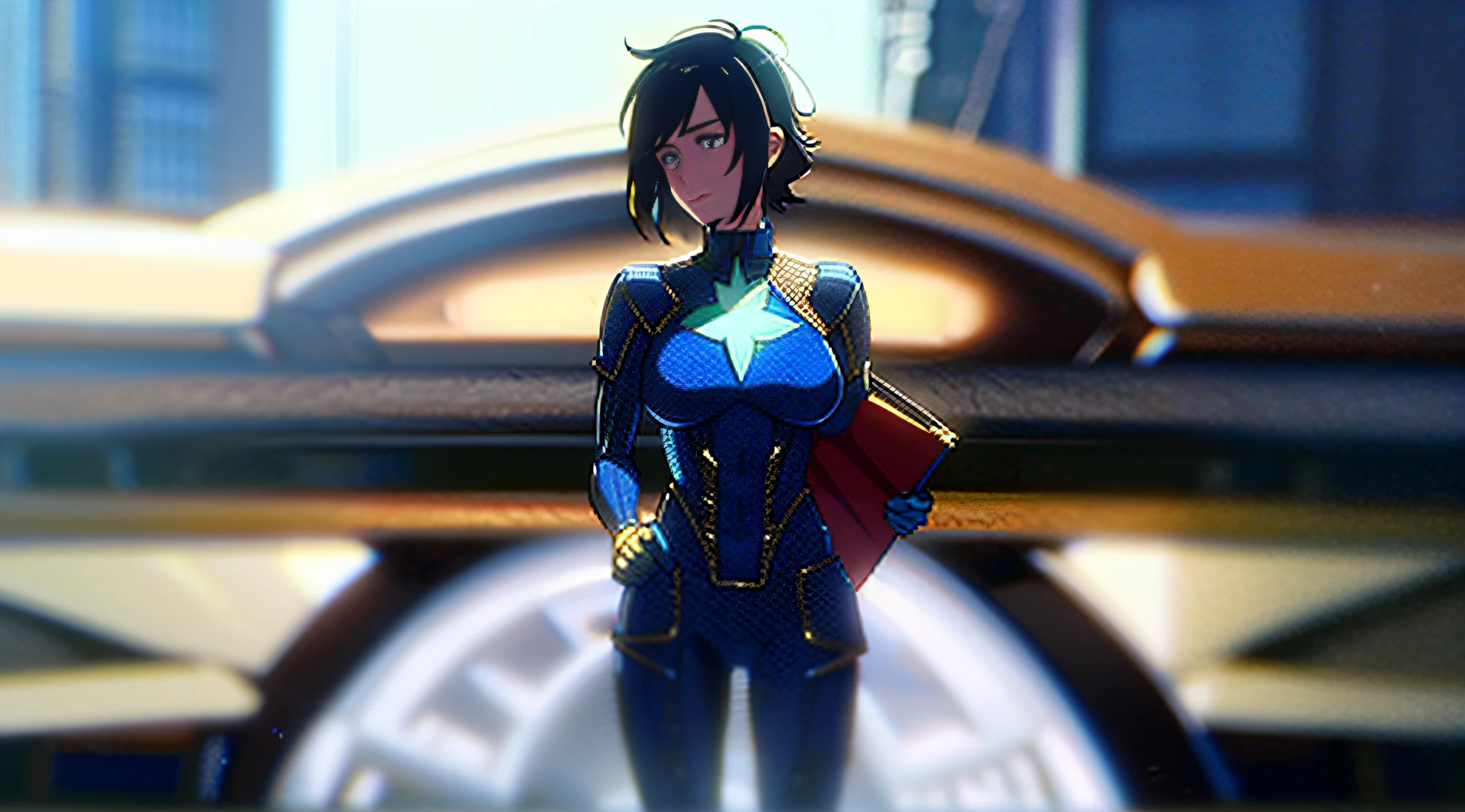 A woman in blue superhero costume armor and a man in blue superhero costume armor are talking