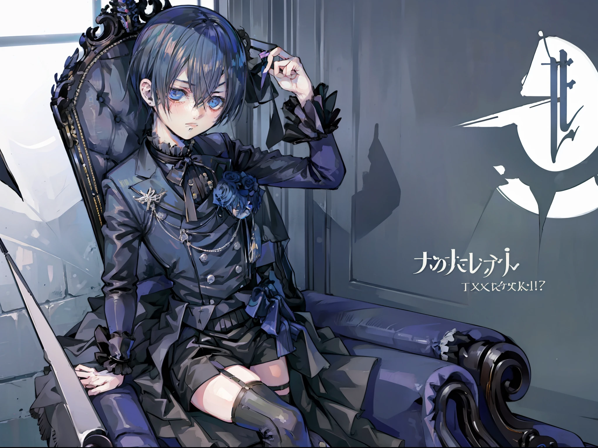 Ciel phantomhive, Sitting on a chair, not wearing pants, opening his thighs wide, , naked, blush face, ((1boy))