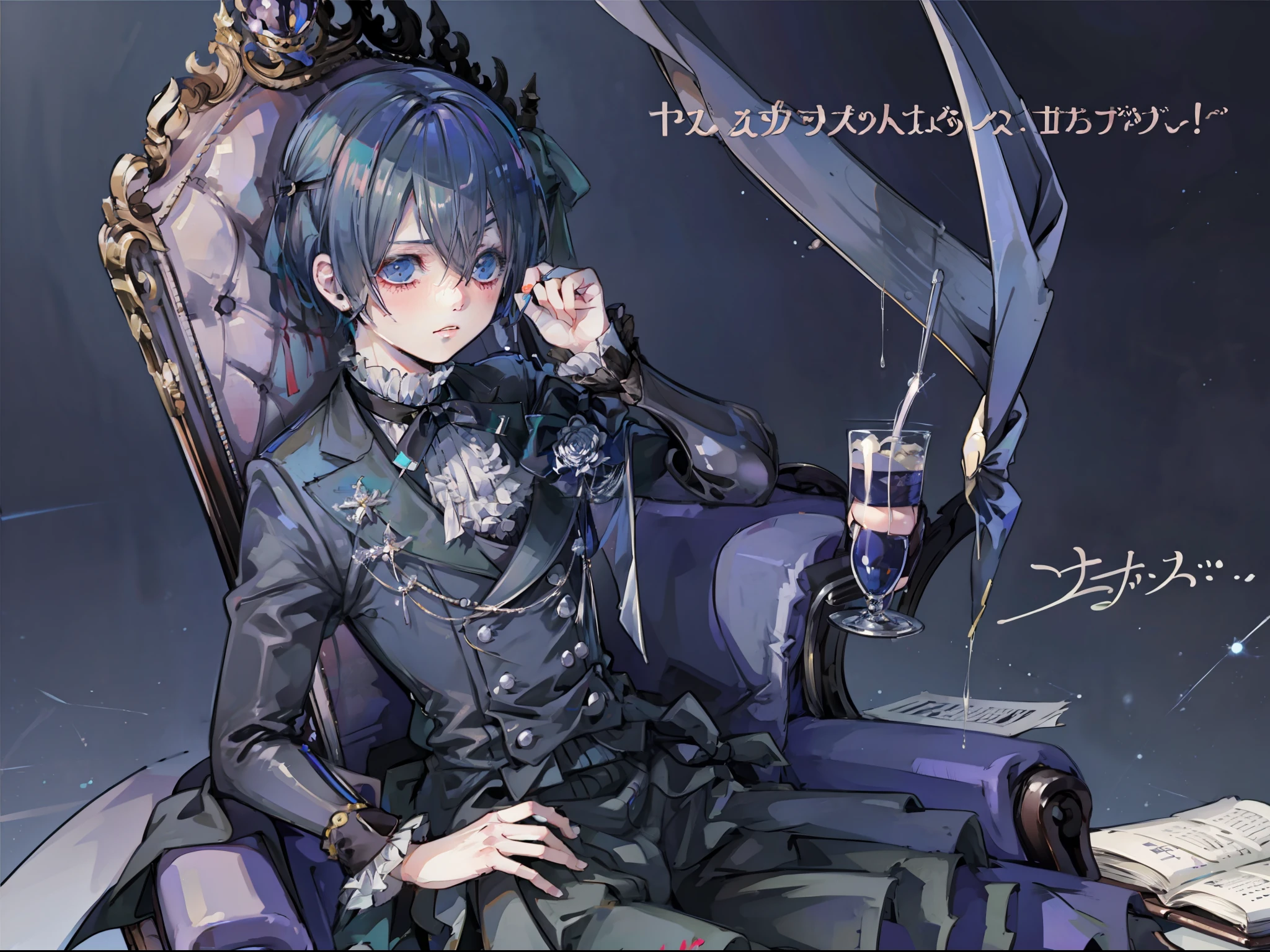 Ciel phantomhive, Sitting on a chair, not wearing pants, opening his thighs wide, , naked, blush face, ((1boy))