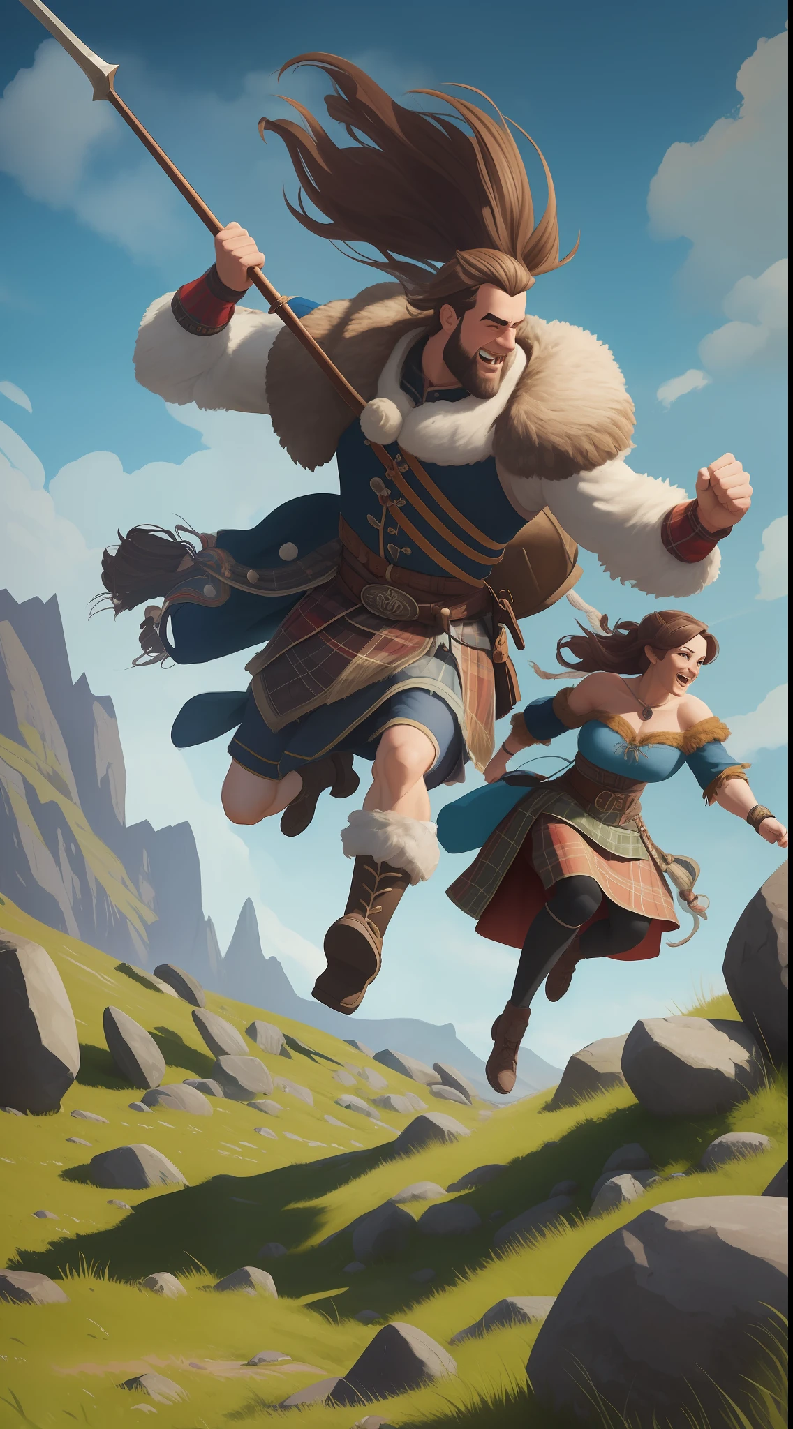 flat painting style, colorful, rich details of a male scotish highlander and female scotish highlander, both are throwing a boulders down a hill, both are having fun, and all in the style of Pixar --auto --s2