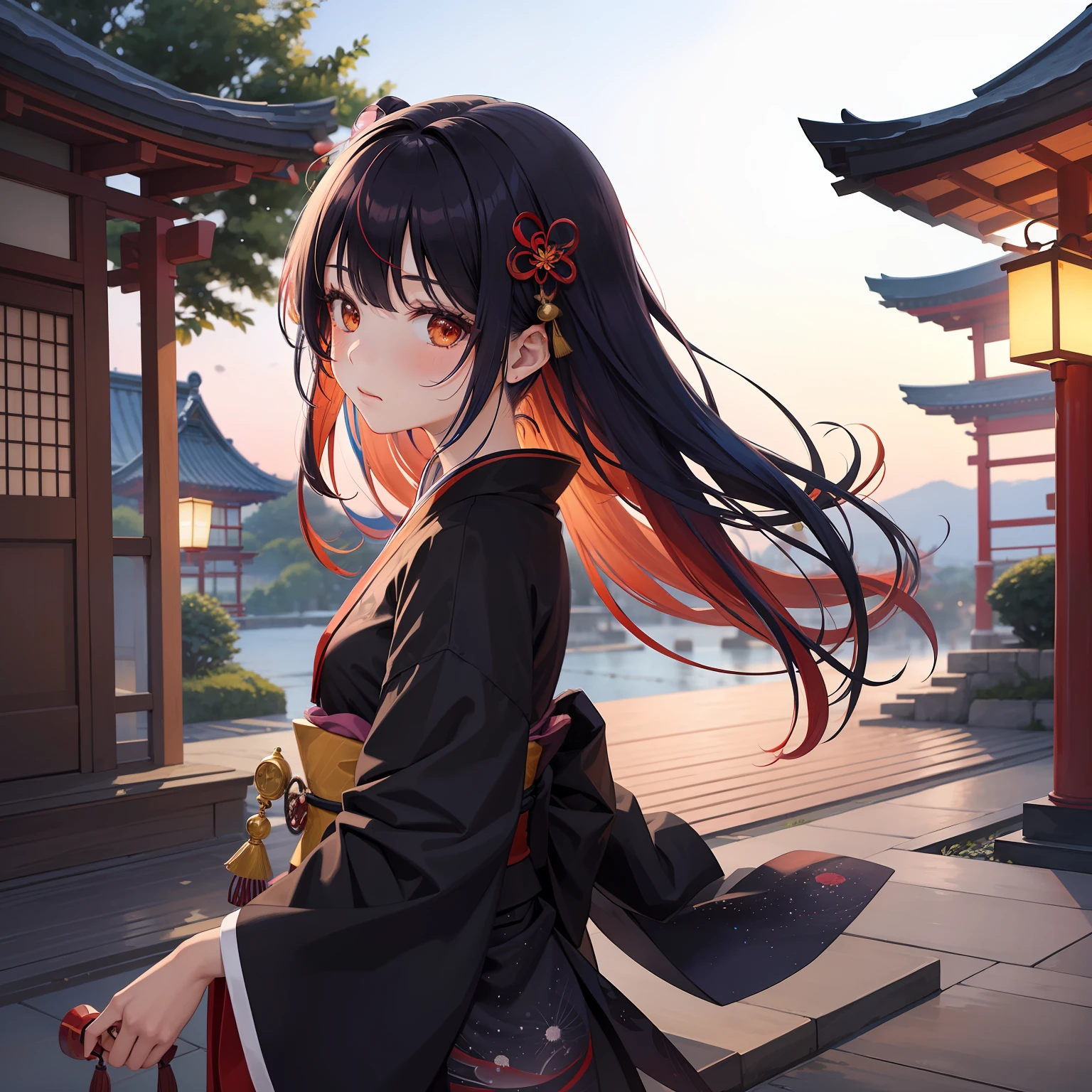 watercolor paiting(Beautifully Aesthetic:1.2)、(1girl in:1.3)、(Higanbana Hair、colourful hair、Half black and half red hair:1.2)、Eau、liquids、natta、colourfull、starrysky、stele、nigh sky、a dark night、Black kimono、Otorii Mae、Landscape painting、glowing lanterns、Fantastical、Licorice flowers bloom profusely、shrines、dance、music
