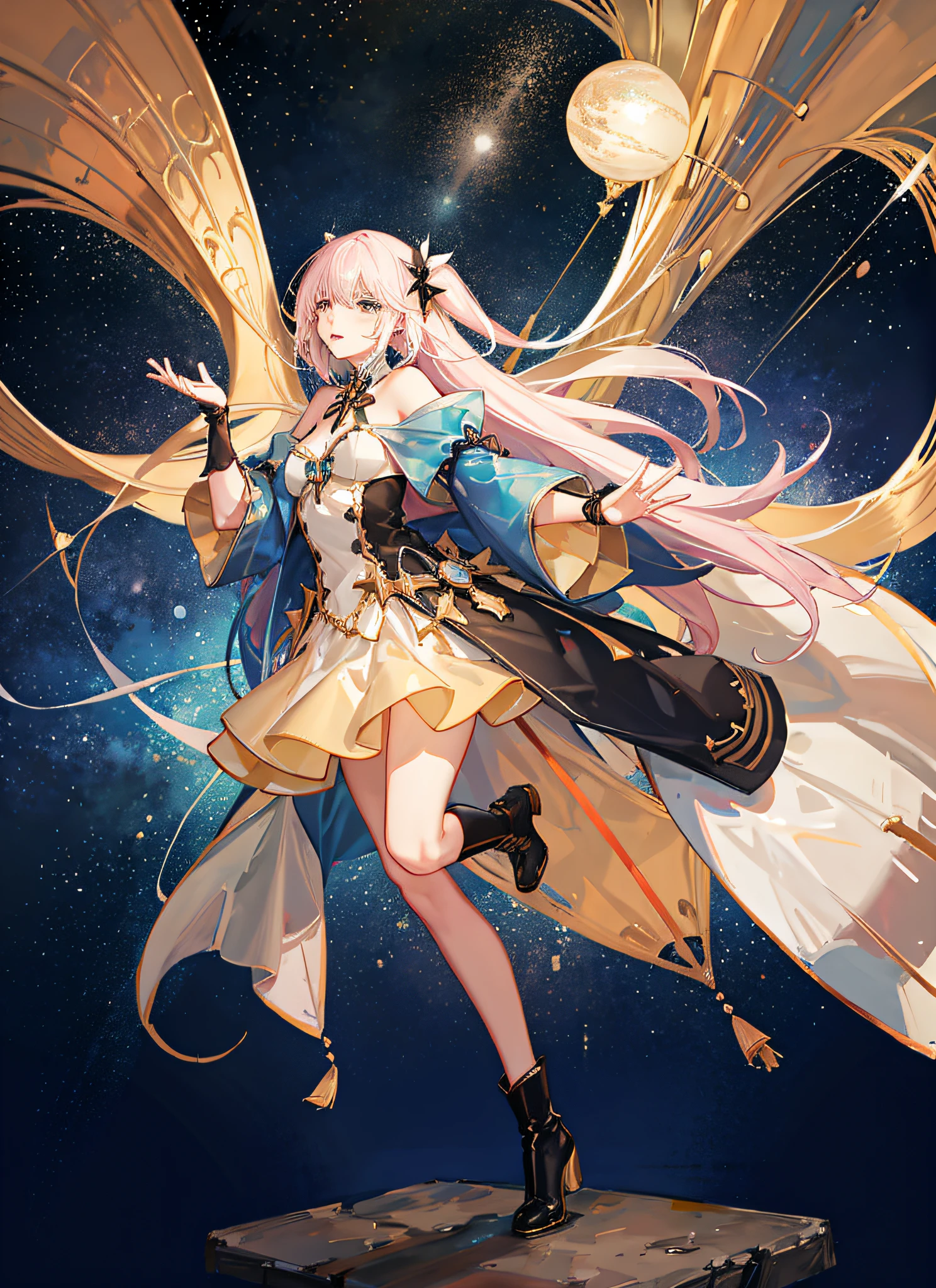 ((Magical Girl)), ((Gorgeous Starry Sky Background)), ((Super Definition)), ((Best Illustration)), ((Cinematic Lighting)), Dynamic Angle, Floating, Detail, (Glitter: 1.2), (Shine: 1.2), (Shine: 1.2), Classic, (Paint: 1.1), (Sketch: 1.1), (Best Quality), (Masterpiece: 1.2), (Anime Style), (Solo), Beautiful Detail Face, (Cute Face: 1.3), (Big Eyes: 1.3), Colorful Hair, (Long Hair: 1.2), (Floating Hair: 1.2), (Magical Girl Costume), Detailed Costumes, (Glowing Wand: 1.3), (Magic Effects: 1.3), (Flowing Skirt: 1.2), (Cute Boots: 1.1), (Transparent Fabric: 1.1), (Glitter: 1.2), (Glow: 1.2), (Shine: 1.2), ( Flicker:1.2) , (Dazzle:1.2)