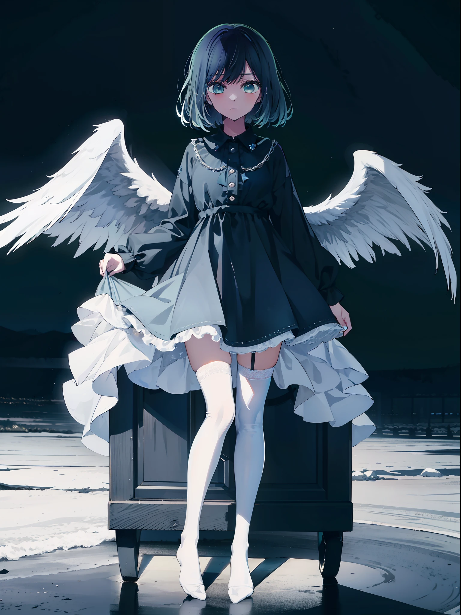 fallen angel, mature, long hair, star in eyes, wearing blue loli dress, black and white thigh high socks, starry sky, at night, absurdres, high res, ultrasharp, 8K, masterpiece, looking at viewer
