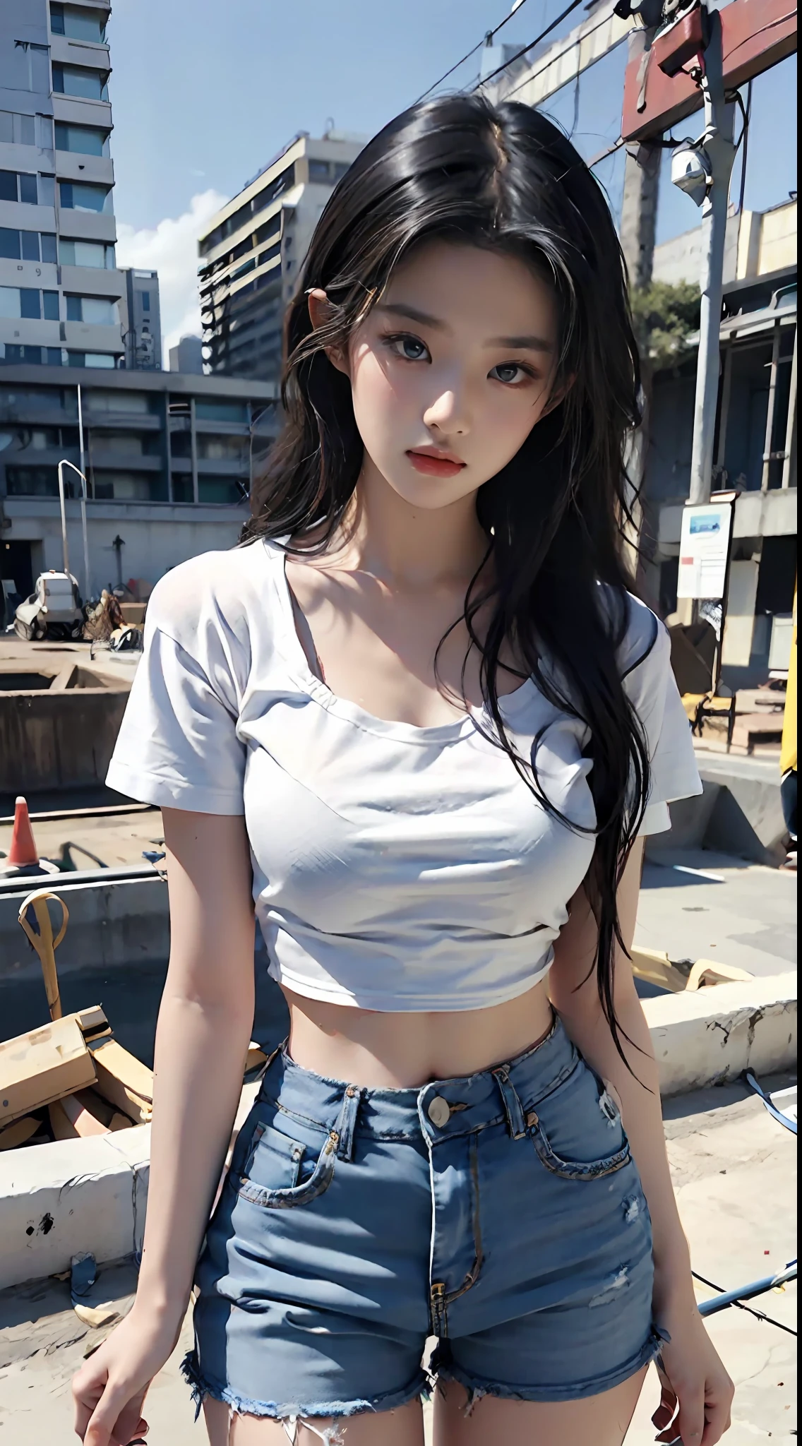 Girl posing for photo in white bra and tight denim skirt，full bodyesbian，With a cropped T-shirt、brassier，Slim body，Larger bust，Slim girl model，24 years old female model，Lying on the construction site，A group of black men watched