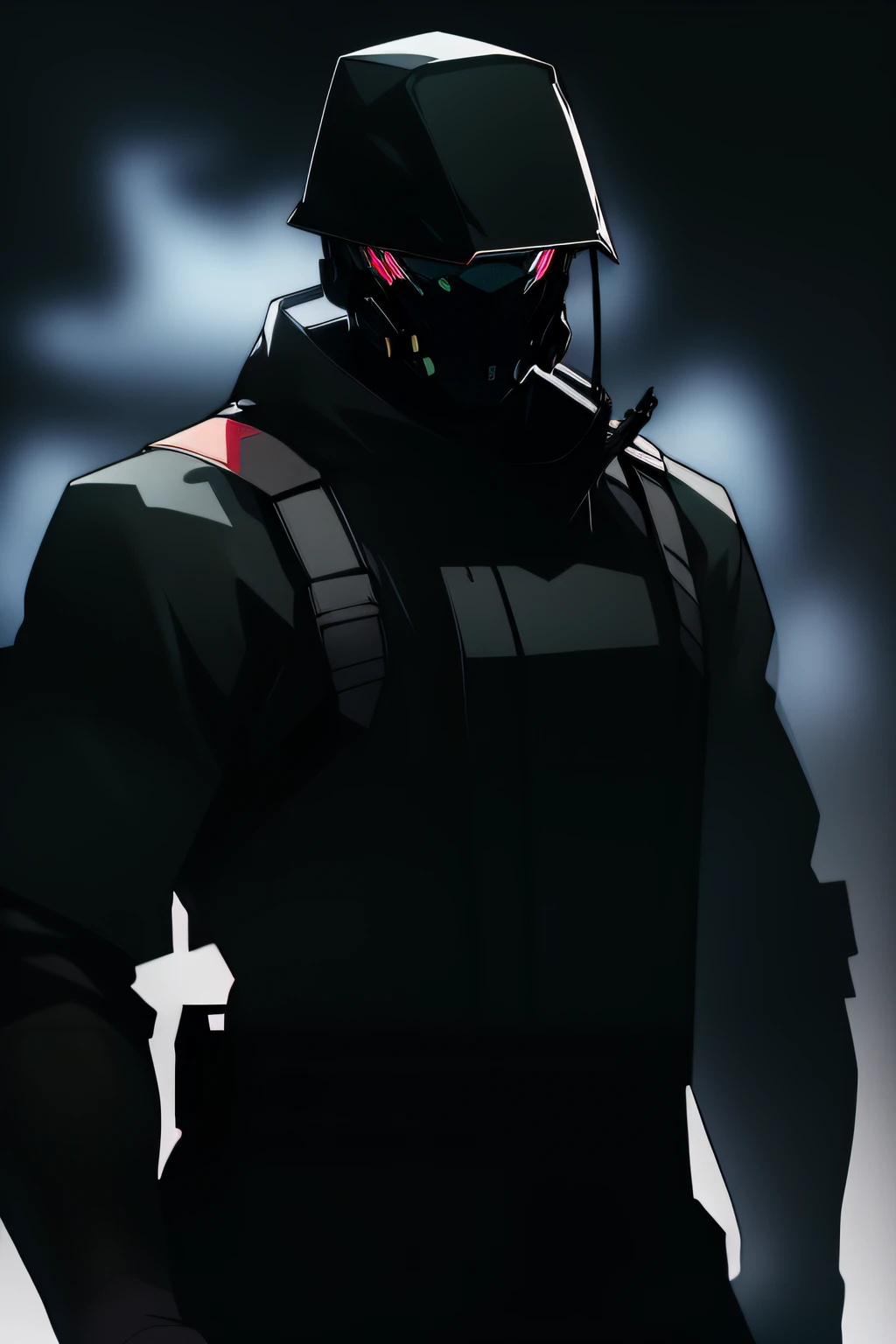 nijistyle, cowboy shot of futuristic man in oversized techwear, short black hair, glowing eyes, mask, belts, backpack, depressed, desaturated, fog