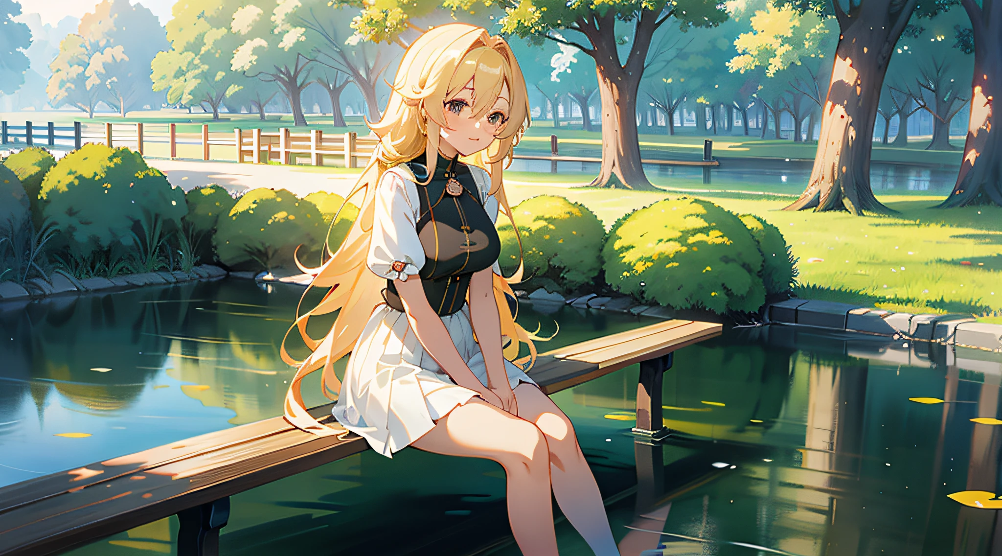 Anime girl sitting on bench in riverside park, sitting at a pond, Anime Nature, a beautiful anime portrait, Beautiful anime girl, Smooth anime CG art, anime beautiful peace scene, anime nature wallpap, beautiful anime scenes, beautiful anime scenery, Blonde anime girl with long hair, anime big breast. Soft lighting, drawn in anime painter studio, Cute anime girl
