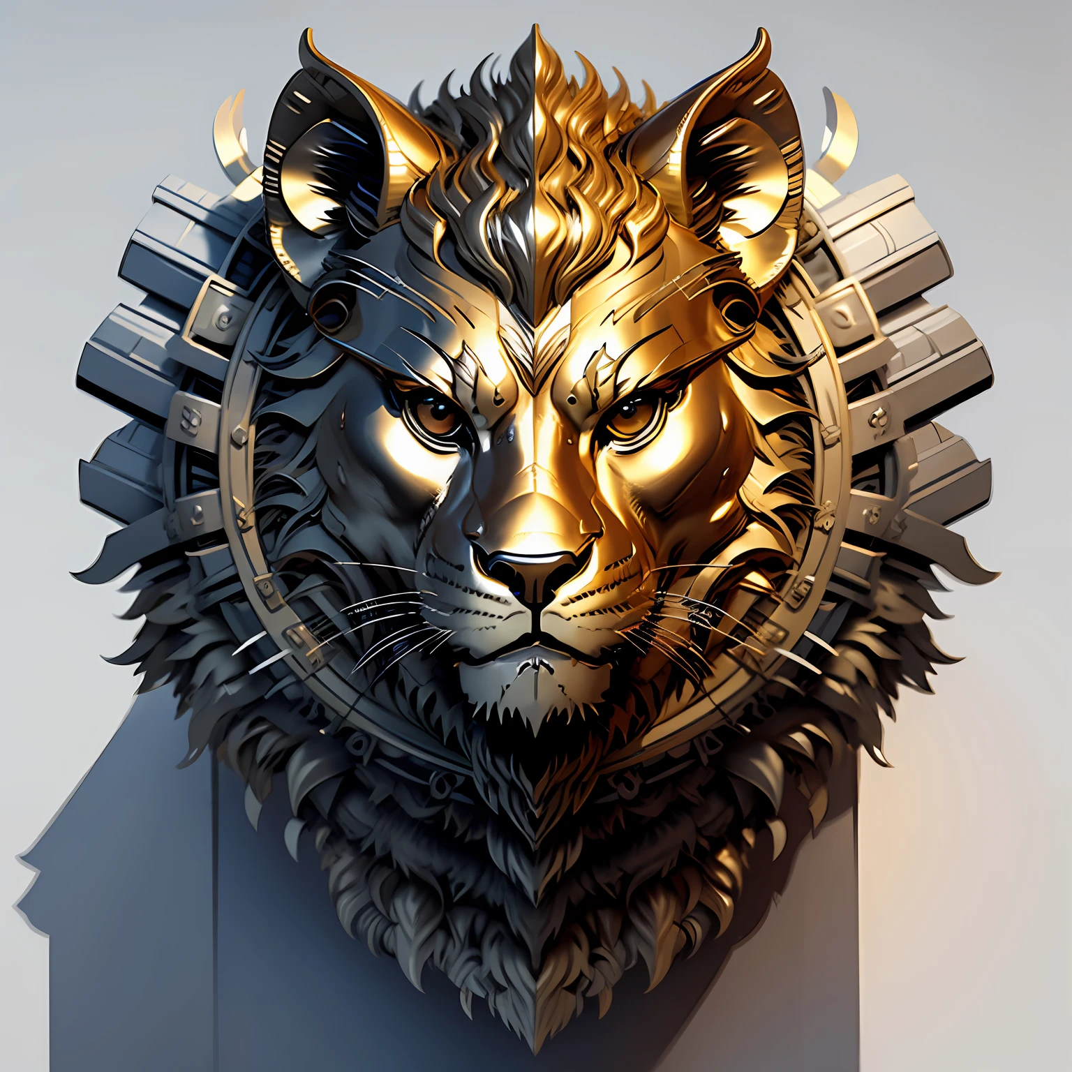 A w44p3n of a gold and silver lion medal made of a white background