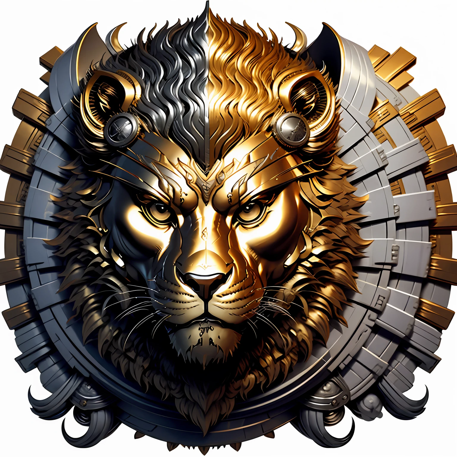 A w44p3n of a gold and silver lion medal made of a white background