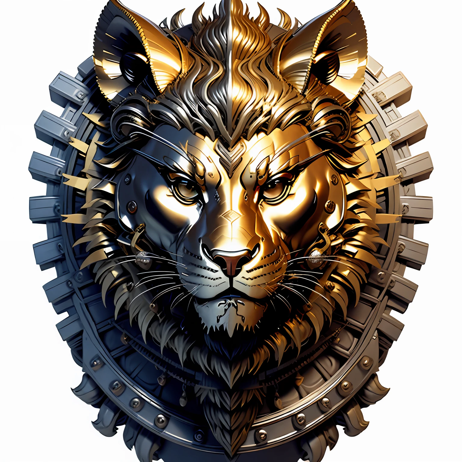 A w44p3n of a gold and silver lion medal made of a white background