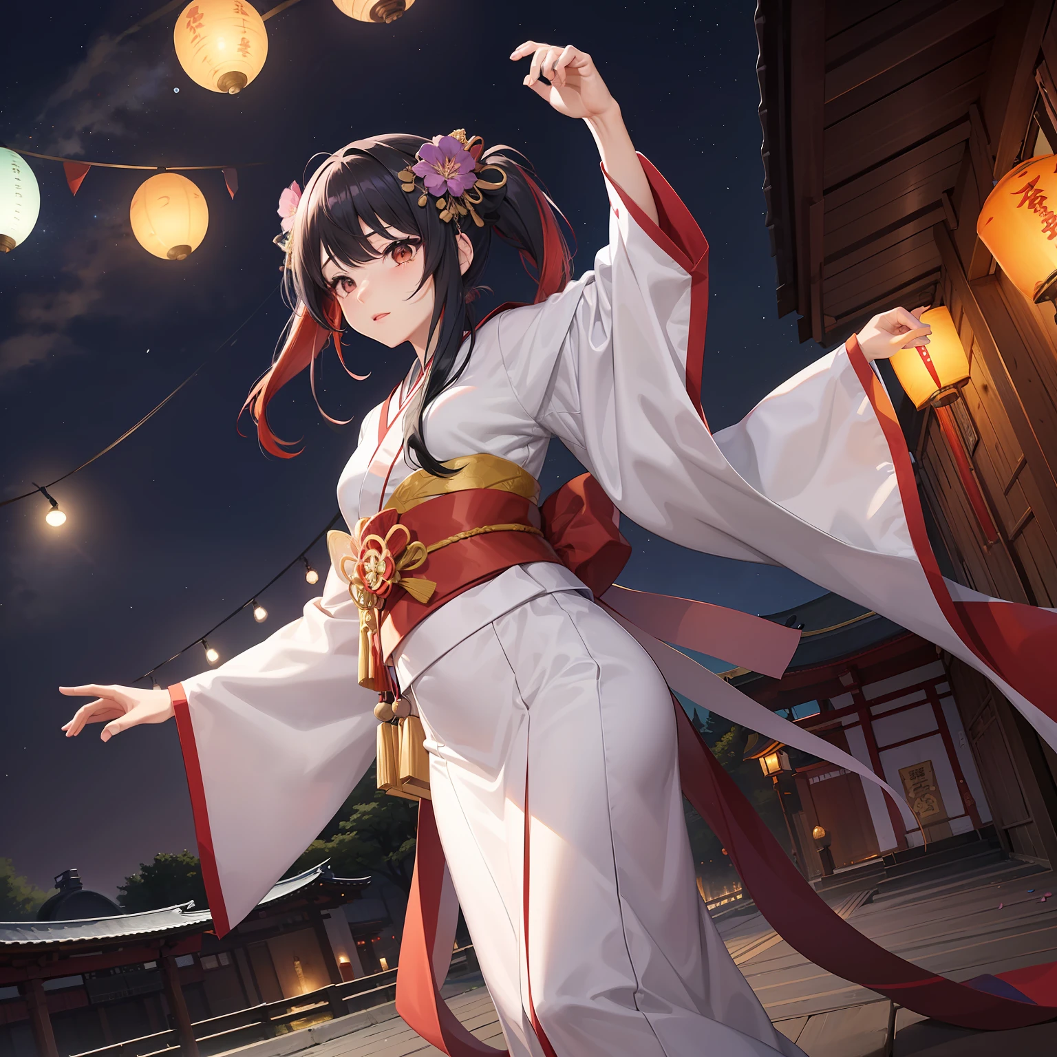 watercolor paiting(Beautifully Aesthetic:1.2)、(1girl in:1.3)、(Higanbana Hair、colourful hair、Half black and half red hair:1.2)、Eau、liquids、natta、colourfull、starrysky、stele、nigh sky、a dark night、Black kimono、Otorii Mae、Landscape painting、glowing lanterns、Fantastical、Licorice flowers bloom profusely、shrines、dance、music
