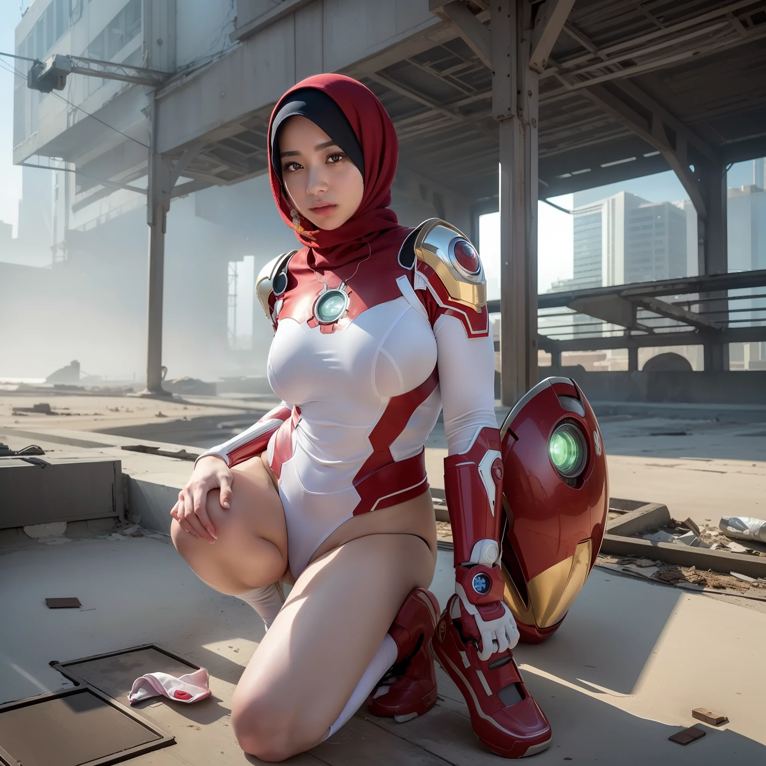 RAW, Masterpiece, Ultra Fine Photo,, Best Quality, Ultra High Resolution, Photorealistic, Sunlight, Full Body Portrait, Stunningly Beautiful,, Dynamic Poses, Delicate Face, Vibrant Eyes, (Side View) , she is wearing a futuristic Iron Man mech with hijab, red and gold color scheme, highly detailed abandoned warehouse background, detailed face, malay face (mira filzah), detailed and complex busy background, messy, gorgeous, milky white, high detailed skin, realistic skin details, visible pores , sharp focus, volumetric fog, 8k uhd, dslr camera, high quality, film grain, fair skin, photorealism, lomography, sprawling metropolis in futuristic dystopia, view from below, translucent