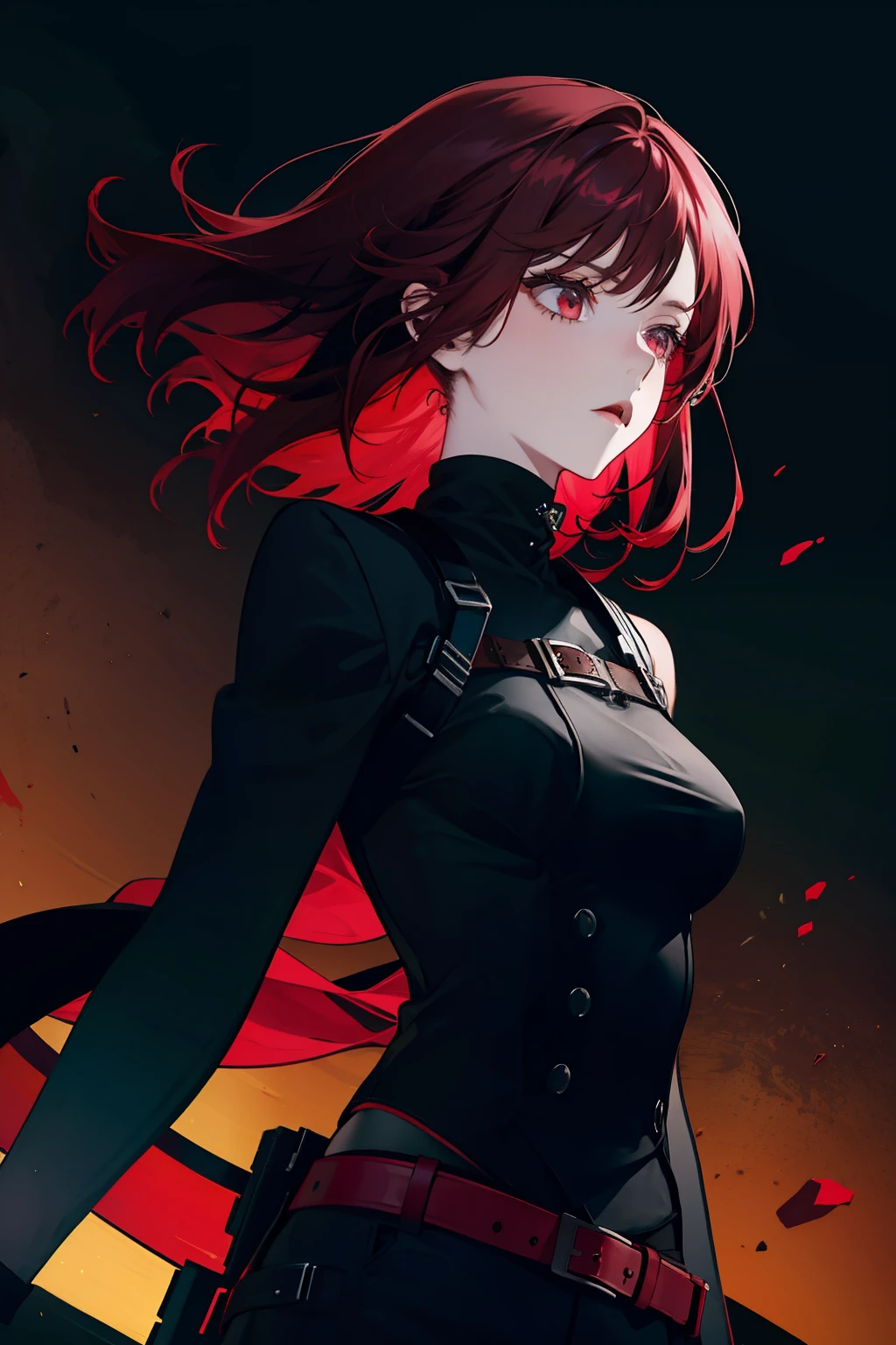 1 girl, solo, dark red hair, badass girl, seductive, black outfit, modern city night background