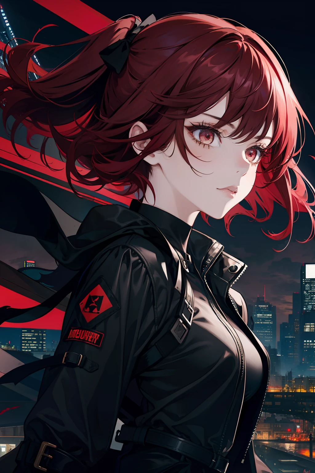 1 girl, solo, dark red hair, badass girl, seductive, black outfit, modern city night background