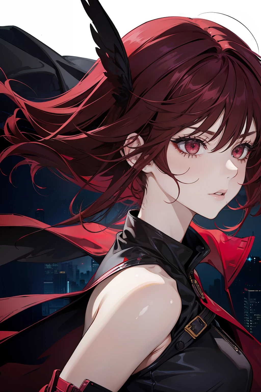 1 girl, solo, dark red hair, badass girl, seductive, black outfit, modern city night background