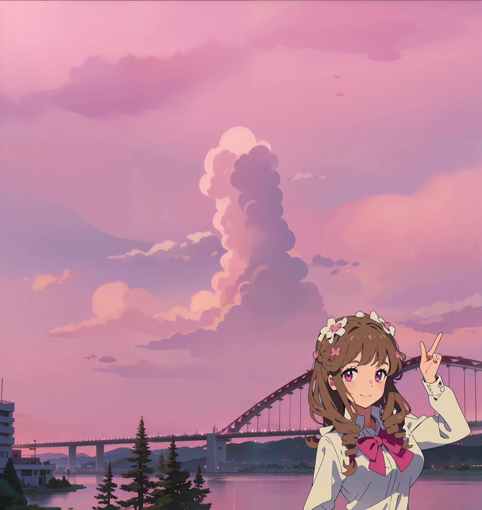 Under the pink sunset, Clouds are like sheep,Girl with long curly hair and pink eyes,Enjoy the day with a smile,There is a lake, Bridges, Green trees
