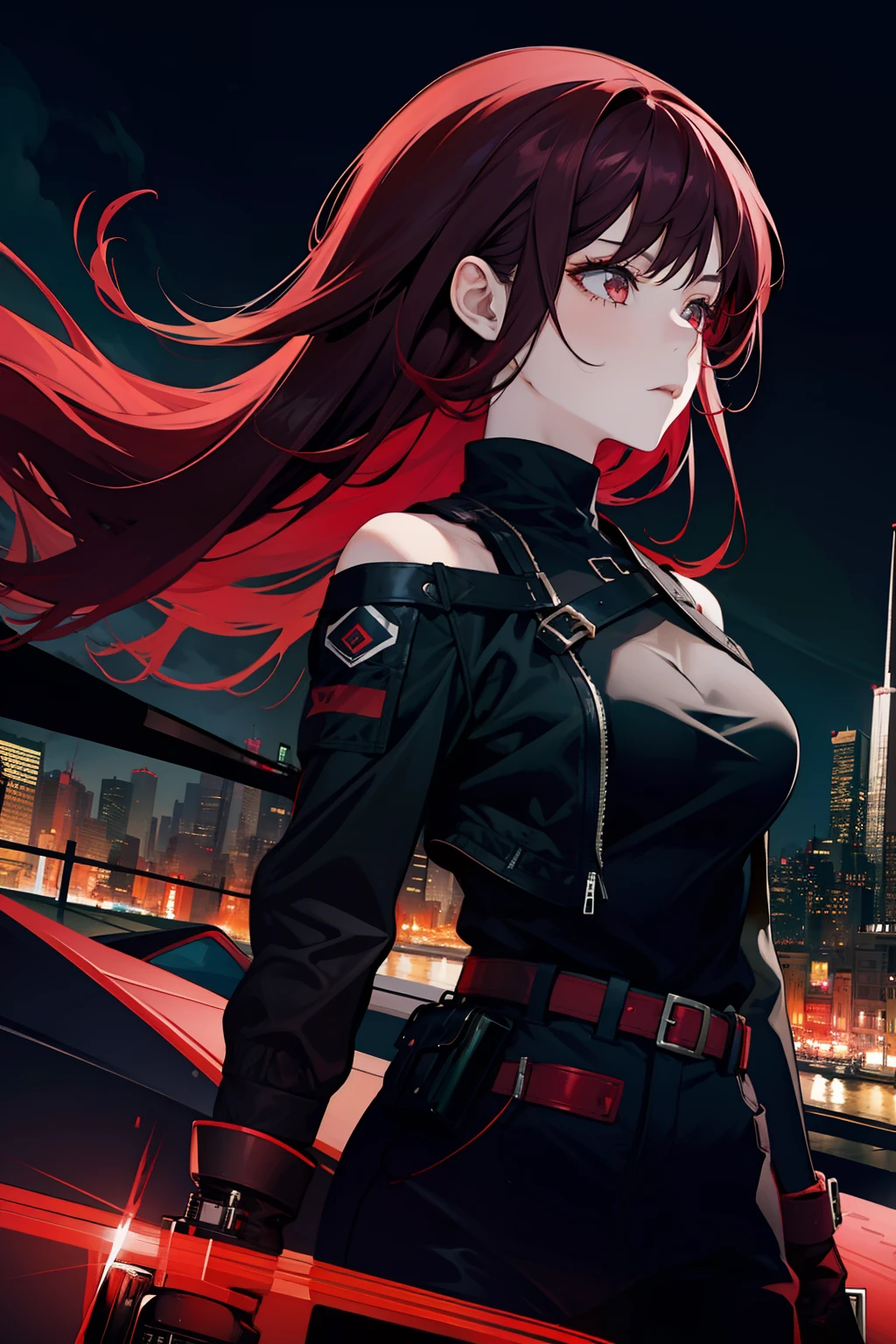 1 girl, solo, dark red hair, badass girl, seductive, black outfit, modern city night background
