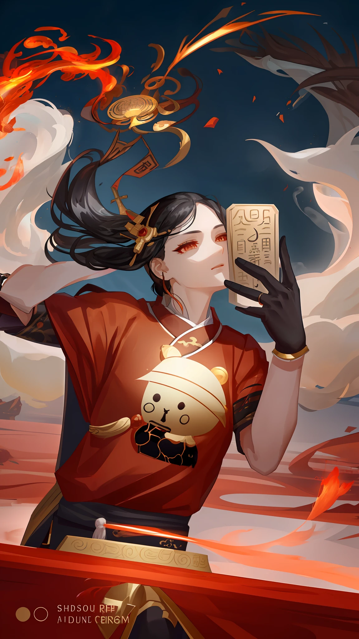 A girl with high-gloss skin and strong texture, close-up, black hair, fluffy hair, Hanfu, streamers, flowing ink, scattered energy, riding a Chinese dragon, background landscape waterfall, global illumination, rich details