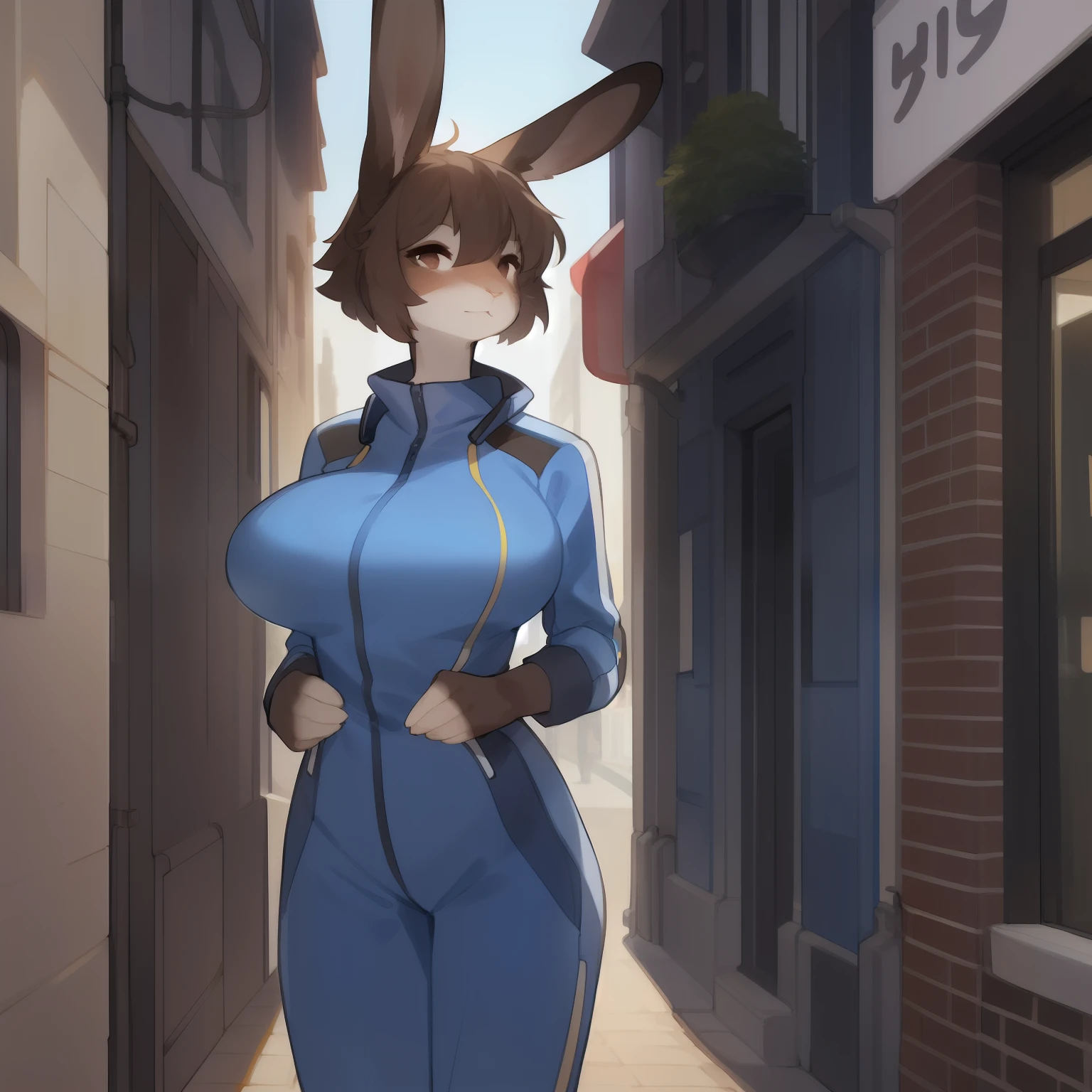 Solo, standing, female, ((rabbit, hare, hair, snout)), by bebebebebe, by spuydjeks, (big breasts), street, (((dark brown fur))), slim, skinny, small waist, fur pattern, blue military spacesuit