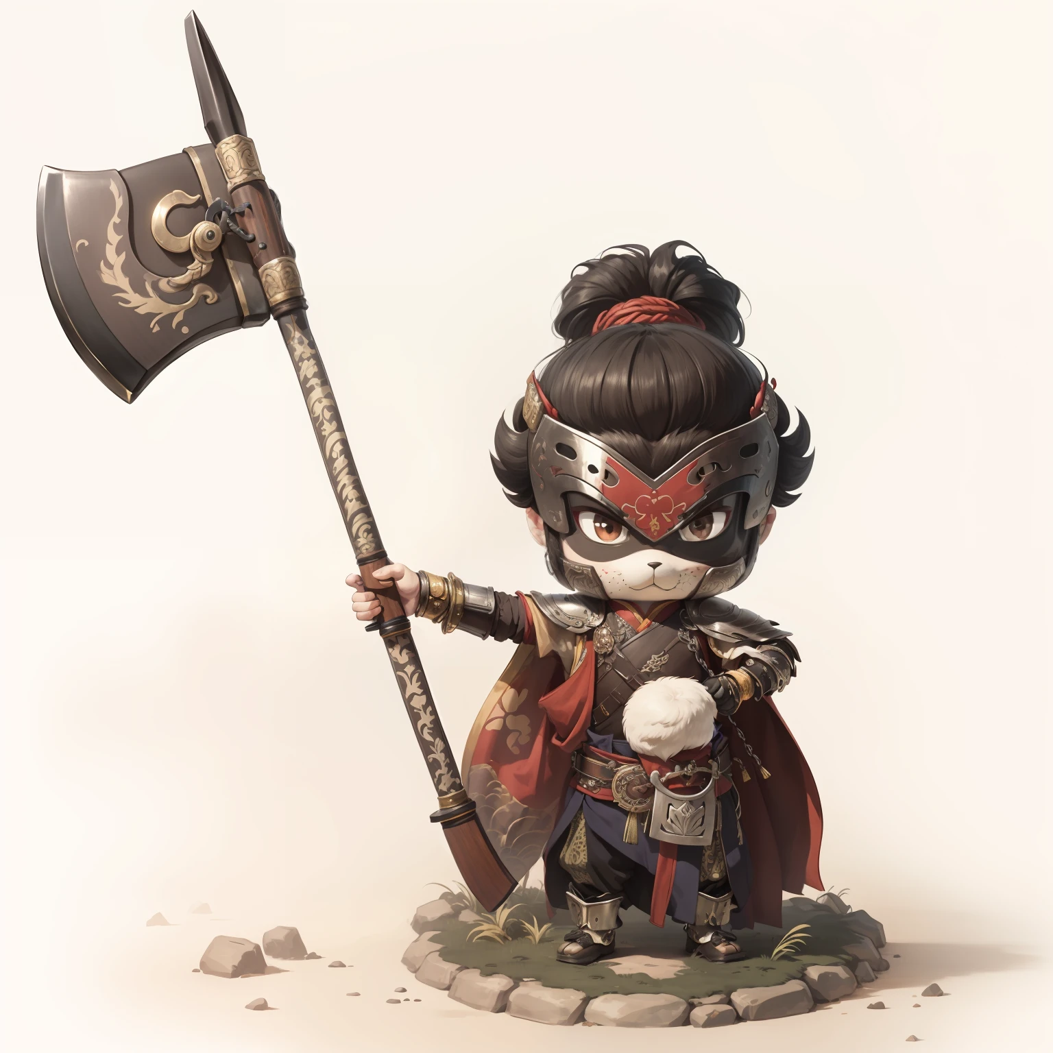male people,Male characters,tchibi,Bad,Arms,Axe weapons,Ancient Chinese weapons,The handle has a delicate pattern,Shoulder blades,metal breastplate,chainmail,Animal pattern cuirass,chest plate,Bracers,Flowing hem,China-style,Chinese-style clothing,Chinese shoes,There are beautiful patterns on the weapon grips,Refinement,Fine painting,Refinement,infinite details,high definition detail,Patterned,Pattern,Blank background,Bright colors,Metal edging