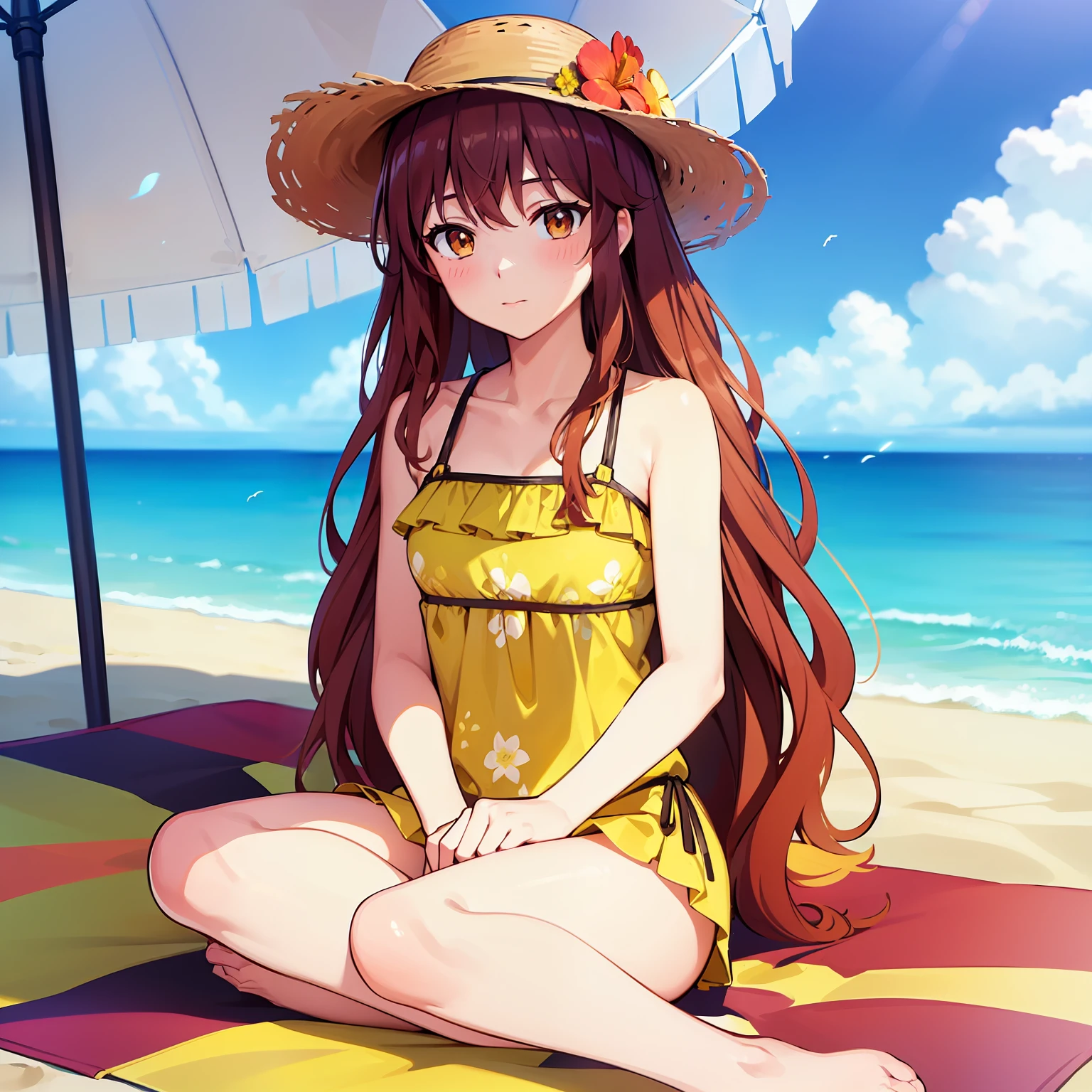 1 girl, long hair, brown hair, wavy upper-back length, brown eyes, Women's yellow bikini with flowers pattern, wear beach straw hat, outdoor, sitting under beach umbrella, beach background