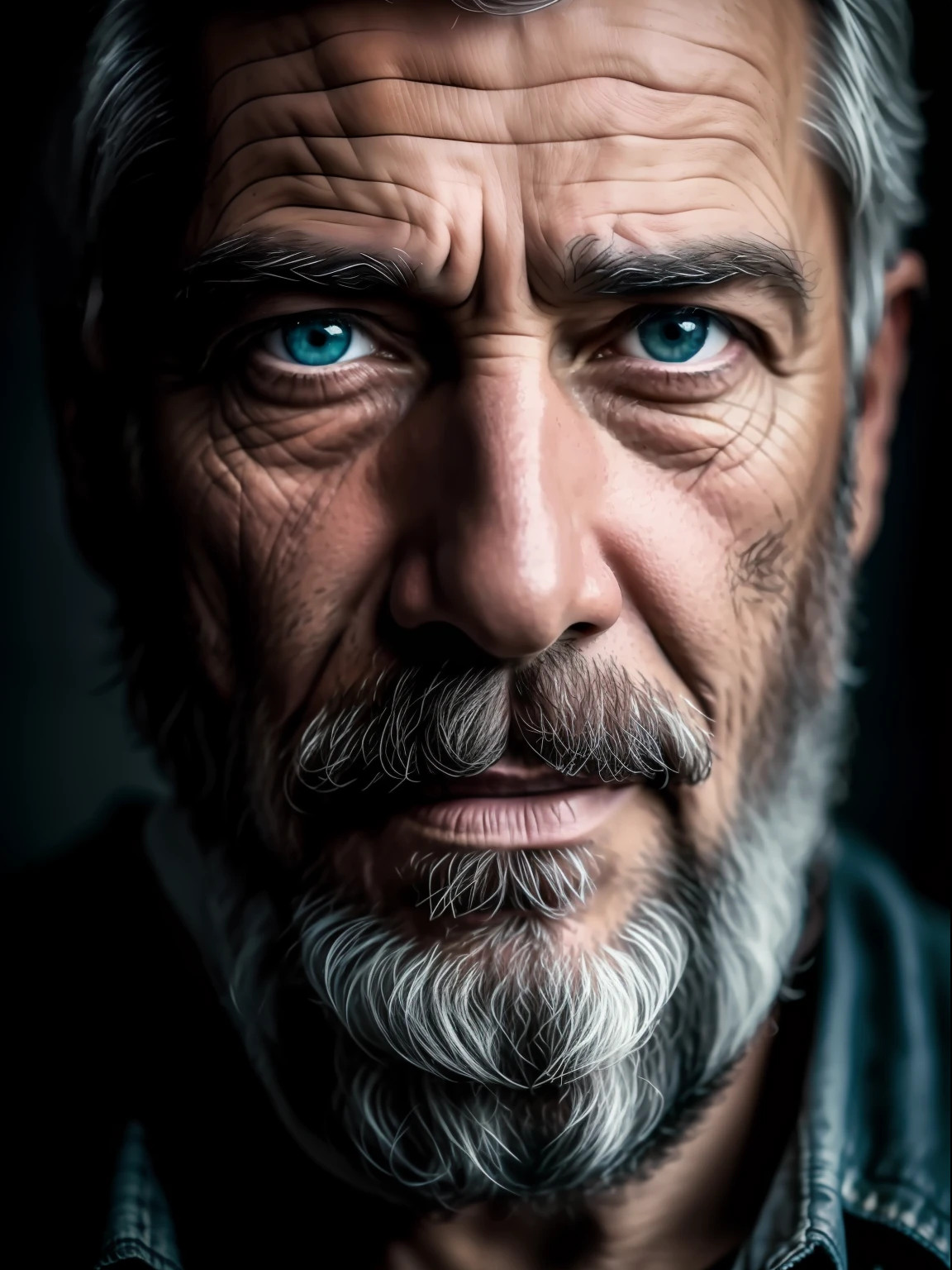 A portrait of a man, bearded, wrinkled, weathered, with piercing eyes, detailed face, high details, photography, dark studio, rim light, Nikon D850, 50mm, f/1.4, cinematic color