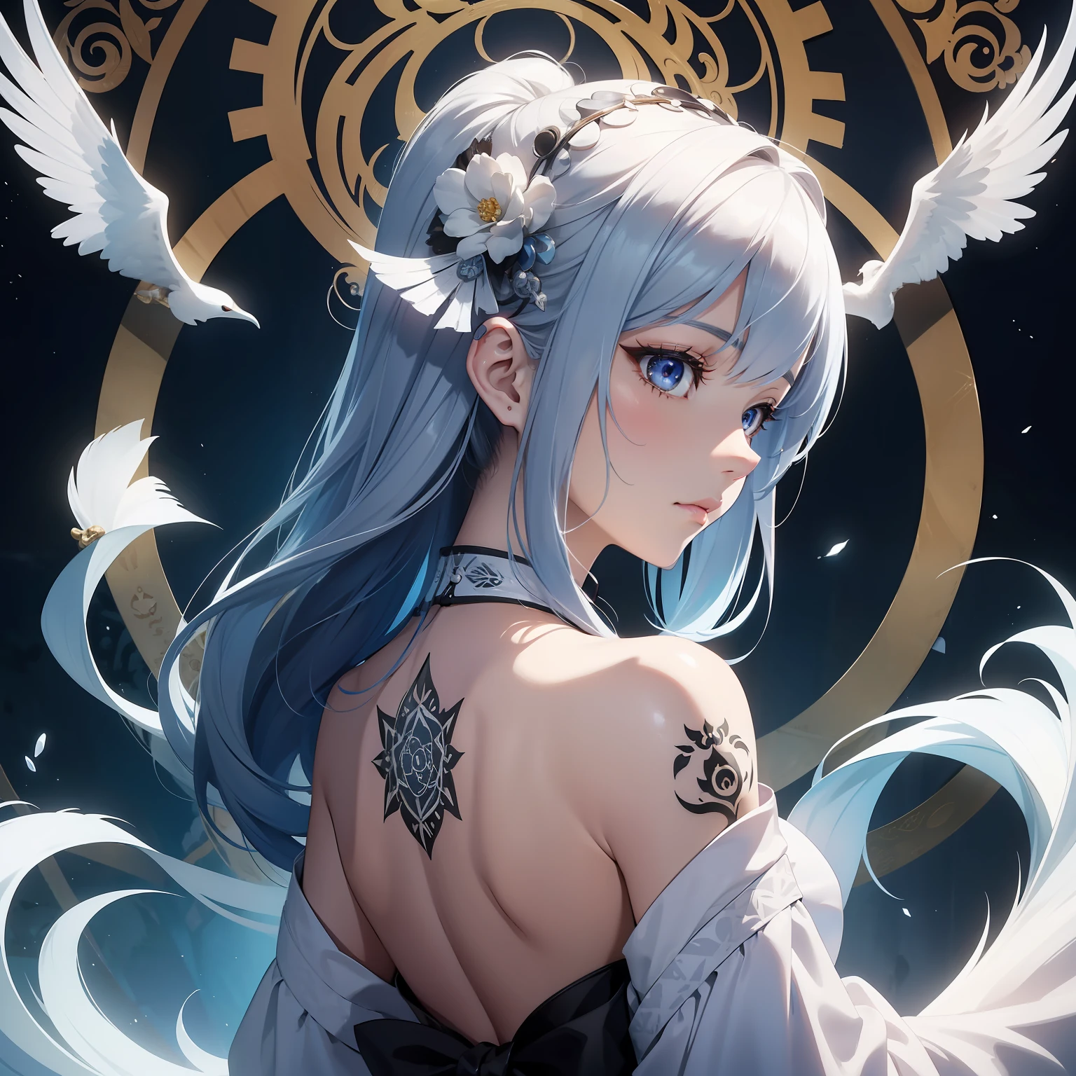 In a different world where mandala murals spread、Beautiful woman in Japanese clothes appeared。She is dressed in pure white.、Beautiful contrast between clear white skin and black hair、It was like a swan。 however、As if to overshadow its beauty、There was a skull element on part of her face。On her right cheek、It is carved with a pattern like the eyes and nose of the skull.、It's an eerie atmosphere。 She showed her profile、His eyes seemed to look far away.。In its expression、Melancholy and sadness ooze.、I was made to feel the inner world of her strong will。 In the background、There are geometric patterns like mandala paintings and Buddhist symbols.、A mysterious space spreads out。 This art is、Beauty and creepiness、And it expresses a mysterious worldview that fuses mystique............。Opening the door to another world that cannot be touched、You will be able to feel the mystery of the world。Strong elements of aging science fiction。Colorful and horror。profile。Detailed and meticulously drawn。3D Art。android。Like the hero of an adventure。disaster々Or。Be pure。More three-dimensional。Elements of total。Triumphant。The tattoo。Sad face。Live-action adaptation。Demon of Hell。