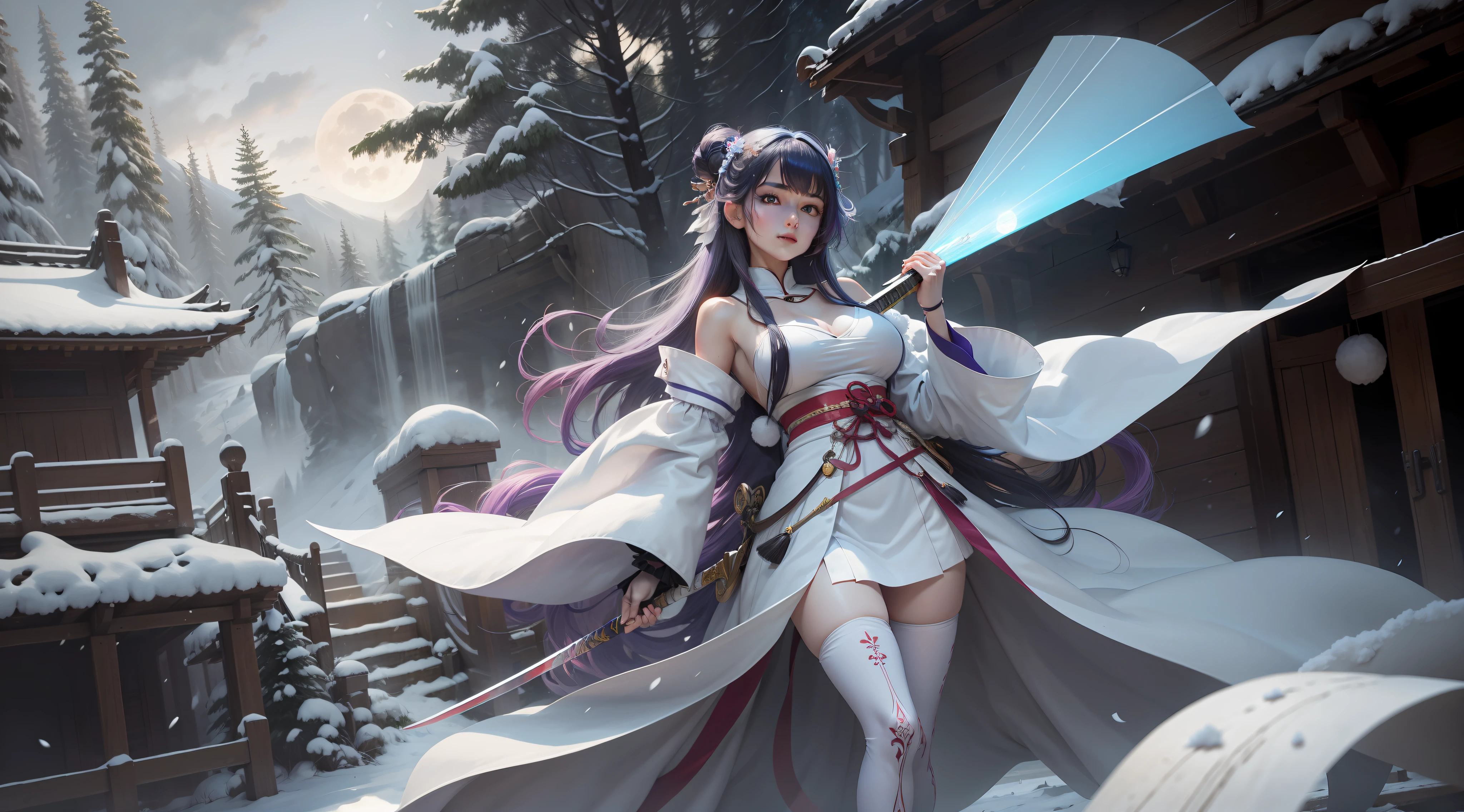 Motion blur, Depth of field,Big trees that bend and hover,The moonlight shone on the side of the girl's face,22 year old,realisticlying,Female Taoist,no-bra,vacuum,Extra-long sleeves,Off-the-shoulder attire,huge tit,cleavage,Full length of colorful hair(1.9),Color gradient for long hair,Messy hair,Barefoot,realskin,realcumAI,Snow-white skin,Snow-white thighs,Top image quality,Extreme light and shadow,Colorful tights,High details,Standing painting,lines of movement,Panorama sword dance,Dance,komono,Hold the katana horizontally,combats,