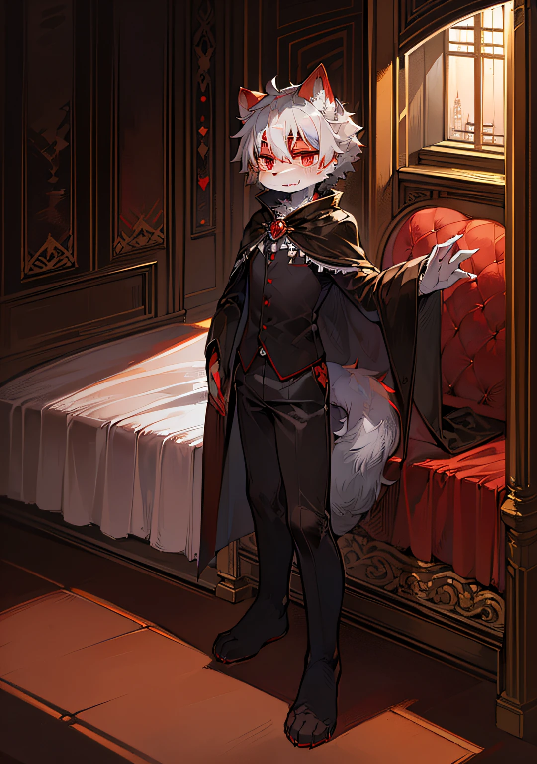 (dark environment:0.8),masterpiece, high quality, absurd res, digital painting \(artwork\), by dagasi, yupa,kiyosan,(anthro,fluffy fur,character focus:1.1),anthro male cat,short hair,portrait, bright eyes,panorama,character focus.(detailed background:0.7),solo,furry,furry male ,male focus,anthr,(Full body fur, fluffy tail, white fur,red eyes,gray hair:1.2),(long canines,vampire, cape:1.2),(interior,night, castle, coffin:1.1)