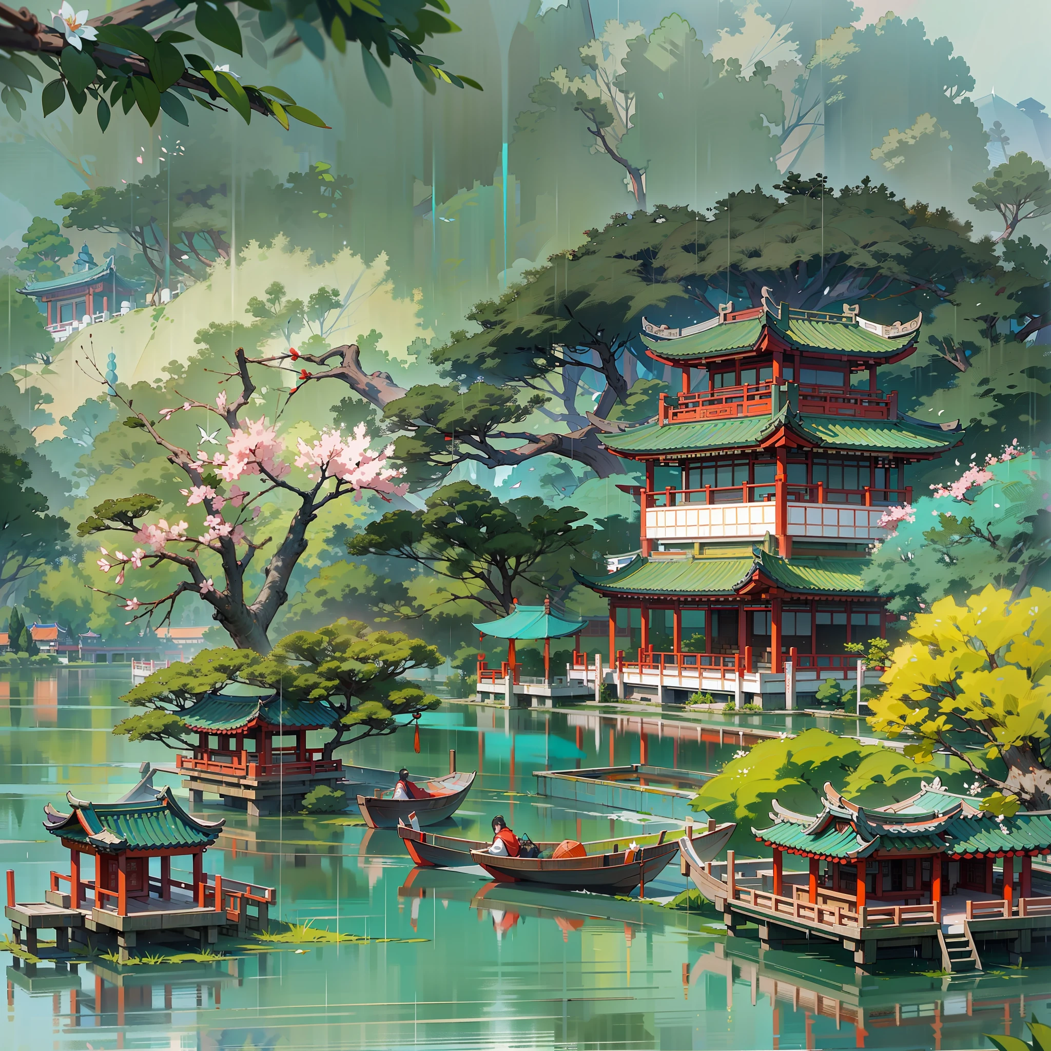 Spring has sprung,Grandiose scenes,Gangnam scenery,Flowers red willow green,Turquoise Lake(Turquoise Lake × 2.0),Calm lake,West Lake view,A small boat with a colorful canopy(There is only one),On board sat an ancient Chinese poet(only one),【The boat contrasts with the wide lake】,Drizzle(Rainy days),rain,Mist,Green trees,Faraway view,a sense of atmosphere,China-style,In the distance, A corner of the pavilion looms,Ancient China,vibrant with colors,Rule of thirds composition, Highest image quality,visual shock。