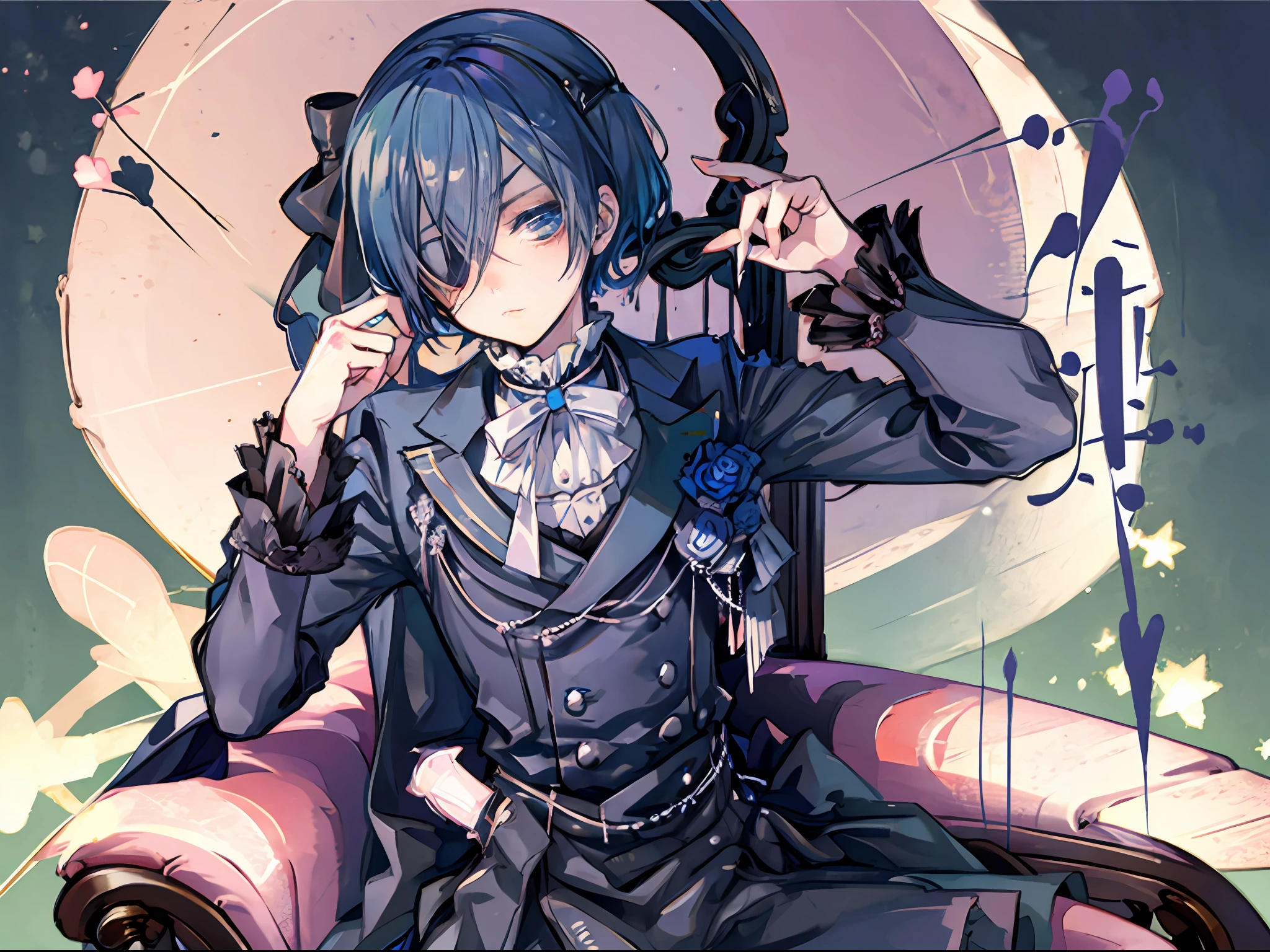 Ciel phantomhive, Sitting on a chair, not wearing pants, opening his thighs wide, , naked, blush face, ((1boy)), nsfw