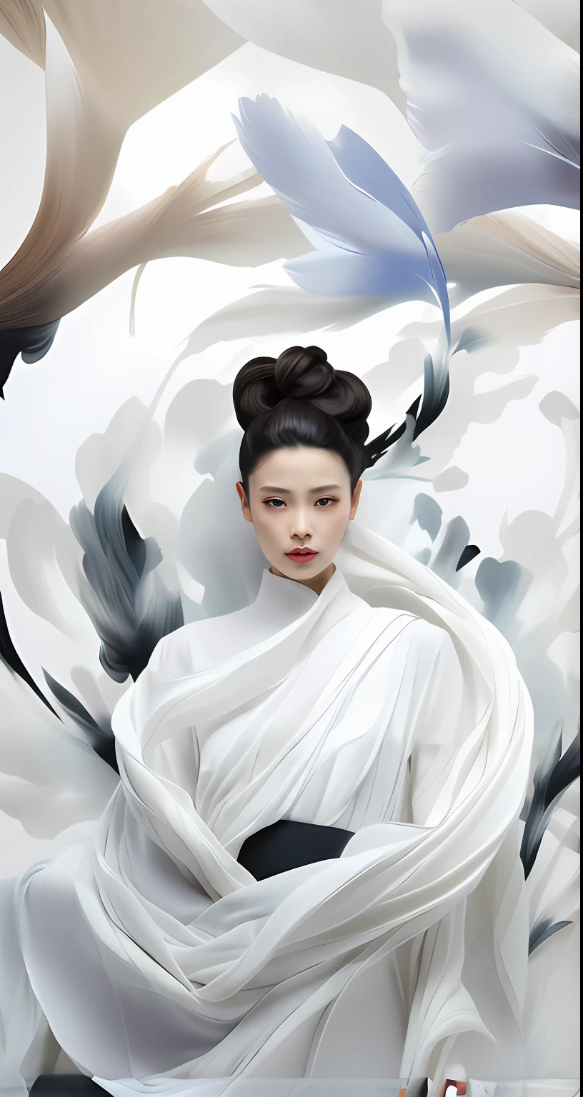 there is a woman with a white dress and black hair, Zhang Jingna, flowing white robe, inspired by Gao Fenghan, inspired by Otake Chikuha, Inspired by Ai Xuan, inspired by Gao Cen, Inspired by Gao Qipei, Inspired by Gao Xiang, Wearing white silk, Oriental fantasy, inspired by Zhang Yan, inspired by Yuan Jiang