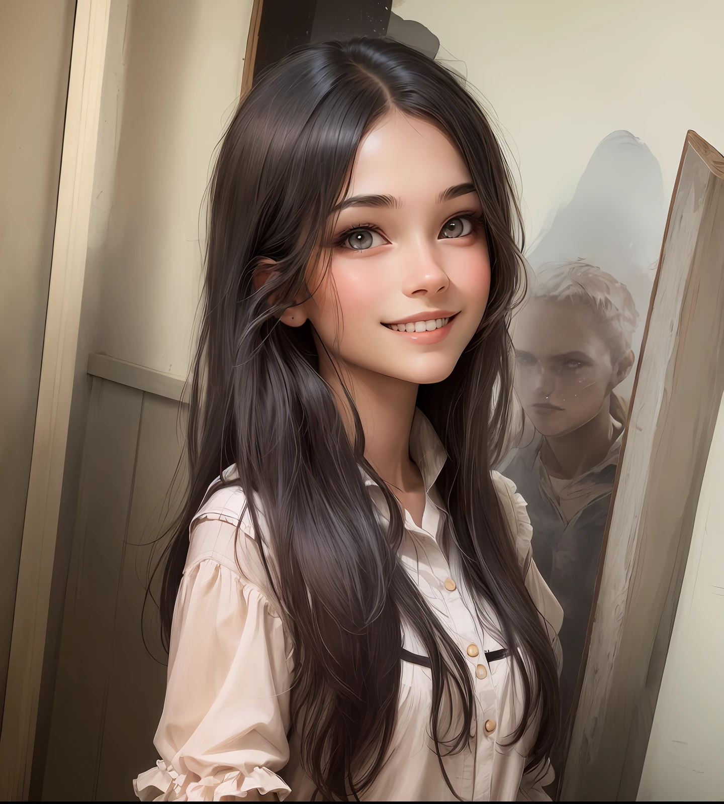 masterpiece, best quality, (dark photo:1.3), photorealistic, 1girl, stunning innocent symmetry face, shirt, looking smile
