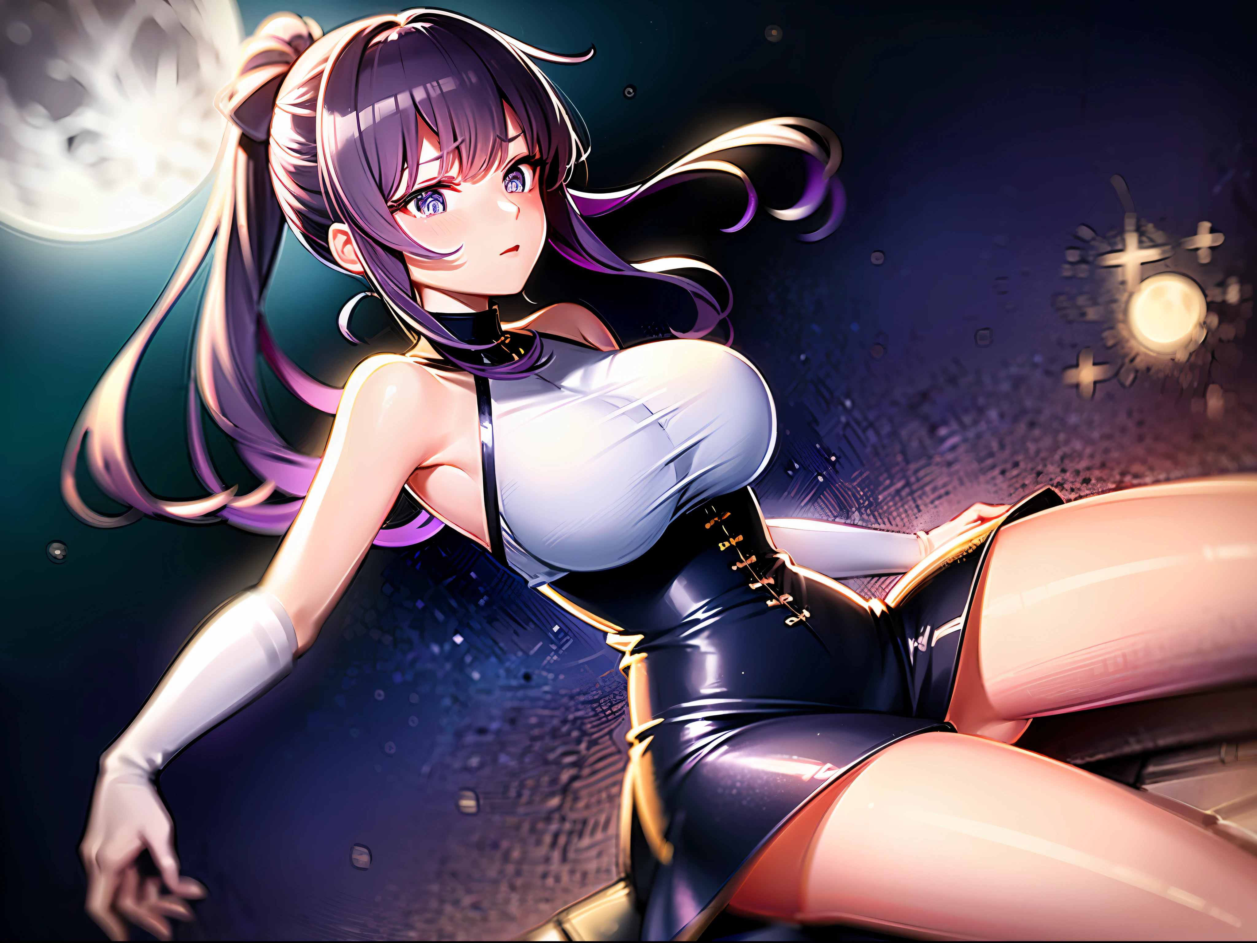 masutepiece, (Best Quality: 1.2), (Super fine: 1.2), Illustration, (Extremely delicate and beautiful: 1.2), Film Angle, floating, (Beautiful Detail Eye: 1.1), (Detail light: 1.1), Film Light, Delicate sky, Woman, Purple hair, Blue eyes, (High Ponytail: 1.1), cloaks, Glowing eyes, (Moon: 1.2), (Moonlight: 1.1), Starry sky (1.1), Milky way (light Particle: 1.1), Fog, Snow painting, sketching, Blooming,
doress, Inch Shirt, big breasts thin waist, thighs thighs thighs thighs, laught, Colorful starry sky, milkyway
