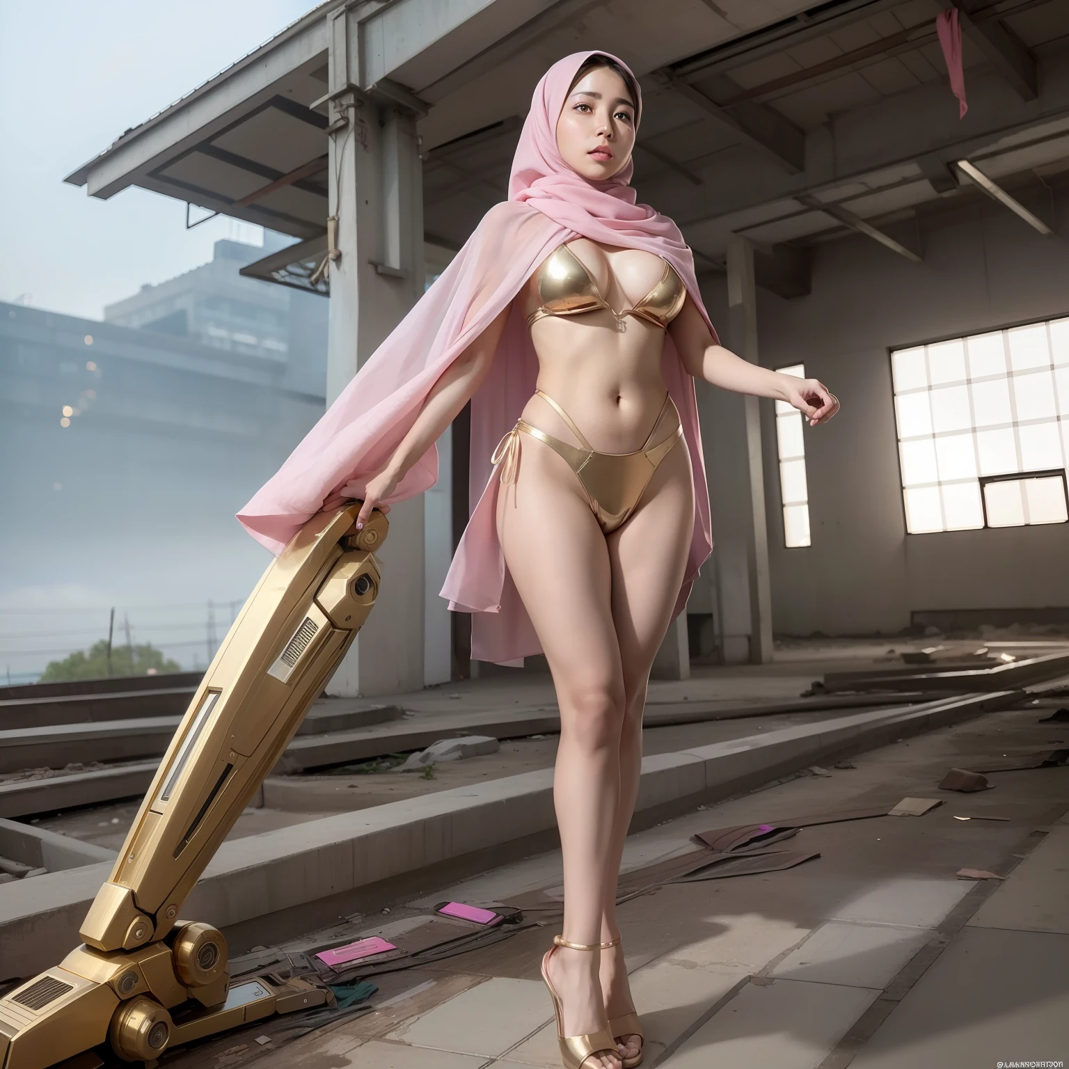 RAW, Masterpiece, Ultra Fine Photo,, Best Quality, Ultra High Resolution, Photorealistic, Sunlight, Full Body Portrait, Stunningly Beautiful,, Dynamic Poses, Delicate Face, Vibrant Eyes, (Side View) , she is wearing a futuristic pink gold Iron Man mech with pink hijab, pink and gold color scheme, highly detailed abandoned warehouse background, detailed face, malay girl, malay face (mira filzah), detailed and complex busy background, messy, gorgeous, dark skin, high detailed skin, realistic skin details, visible pores , sharp focus, volumetric fog, 8k uhd, dslr camera, high quality, film grain, fair skin, photorealism, lomography, sprawling metropolis in futuristic dystopia, view from below, translucent