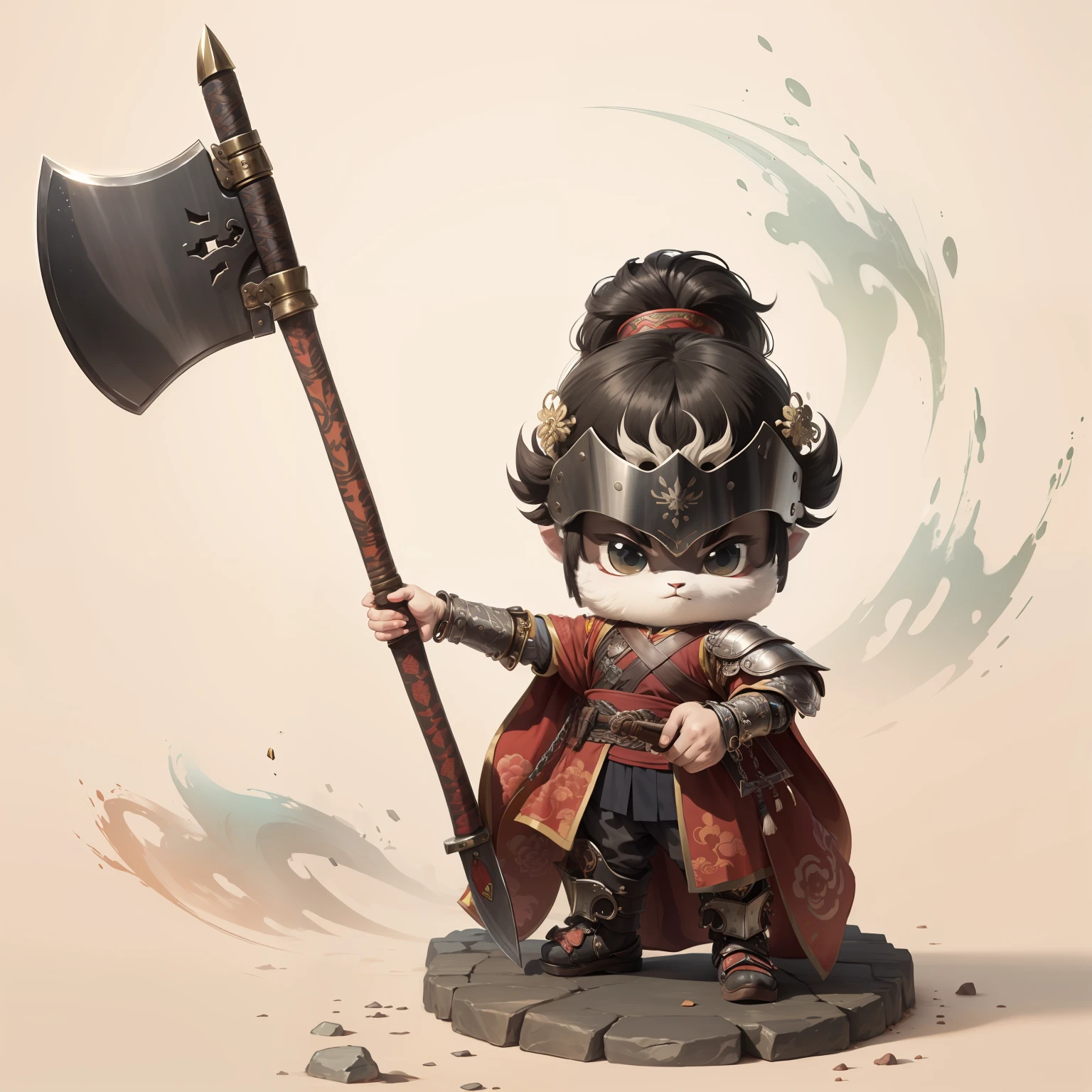 male people,Male characters,tchibi,Bad,Arms,Axe weapons,Ancient Chinese weapons,The handle has a delicate pattern,Shoulder blades,metal breastplate,chainmail,Animal pattern cuirass,chest plate,Bracers,Flowing hem,China-style,Chinese-style clothing,Chinese shoes,There are beautiful patterns on the weapon grips,Refinement,Fine painting,Refinement,infinite details,high definition detail,Patterned,Pattern,Blank background,Bright colors,Metal edging