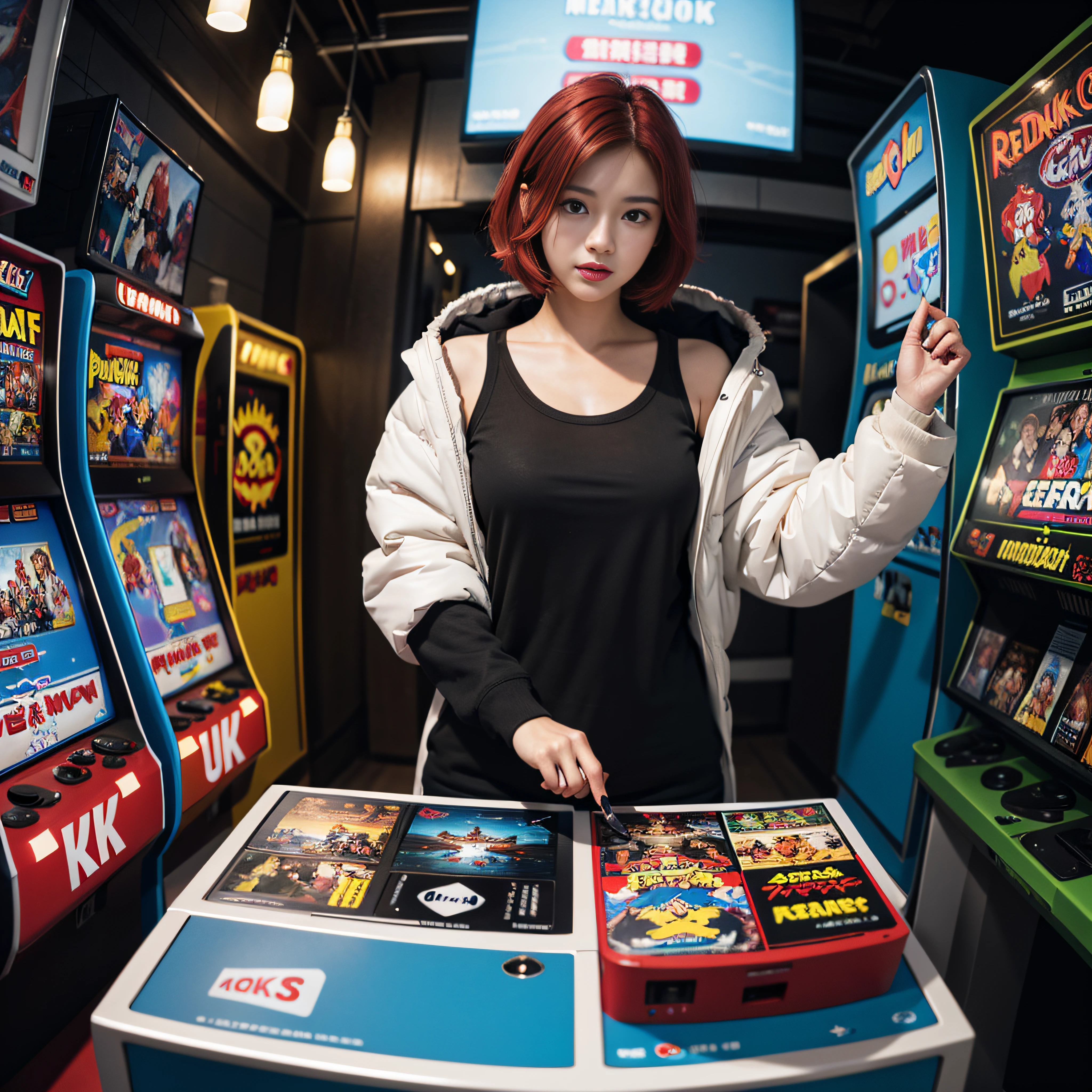 8K, RAW Photos, top-quality, ​masterpiece: 1.20),fish-eye lens、(((Wide View)))、 (realisitic, Photofidelity:1.20), (Highly detailed CG Unity 8K wallpapers),26-year-old girl enthusiastic about gaming in arcade、Game Center、neons、parka、Red short bob hair、Cinematic、