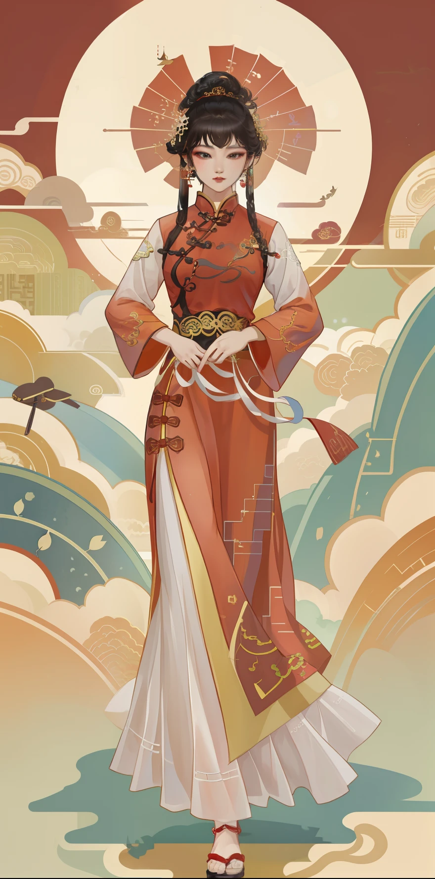 Bigchest，爆乳，full bodyesbian，The chest is completely covered by clothing，Tight chest，Long skirt hem，Cheongsam split off，，Wear a cheongsam dress，The chest is large，The cheongsam grows to the feet，No wind