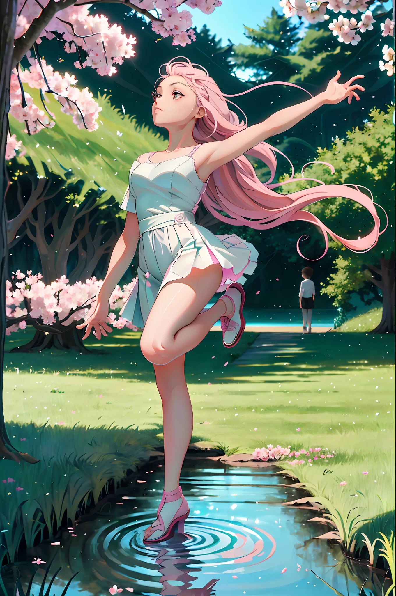 (masterpiece, best quality, perfect anatomy, nice hands:1.2), 1girl, solo, beautiful girl walking in the park, pink long hair, delicate white pink dress, summer, flowering trees, sakura, green grass, park,standing split,  standing on one leg,  leg up,