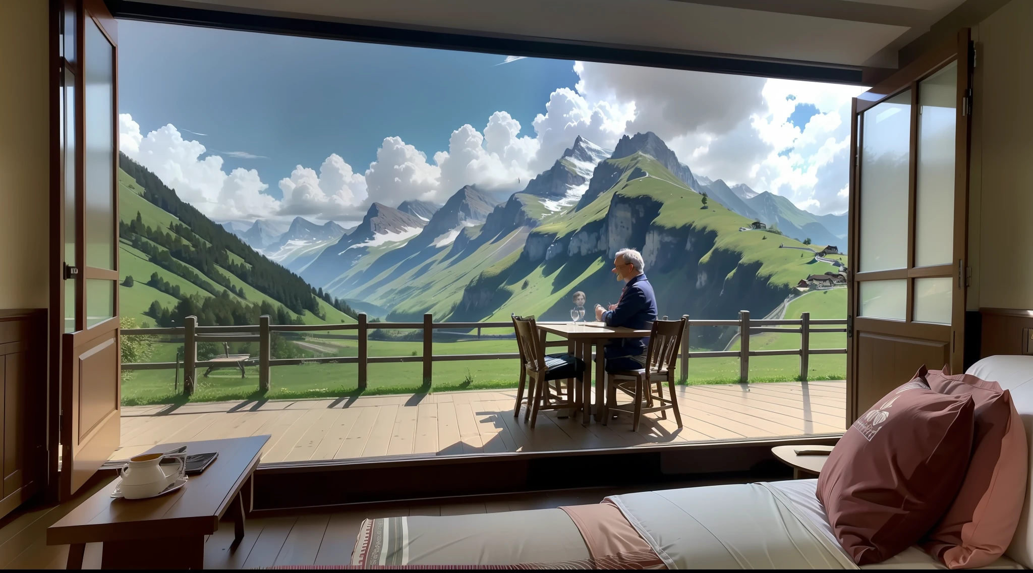 I need to make a banner image of the homepage of the website,There is a very beautiful Swiss landscape。Pictured are middle-aged Europeans who look very happy and healthy。The style of the picture should be like a photograph