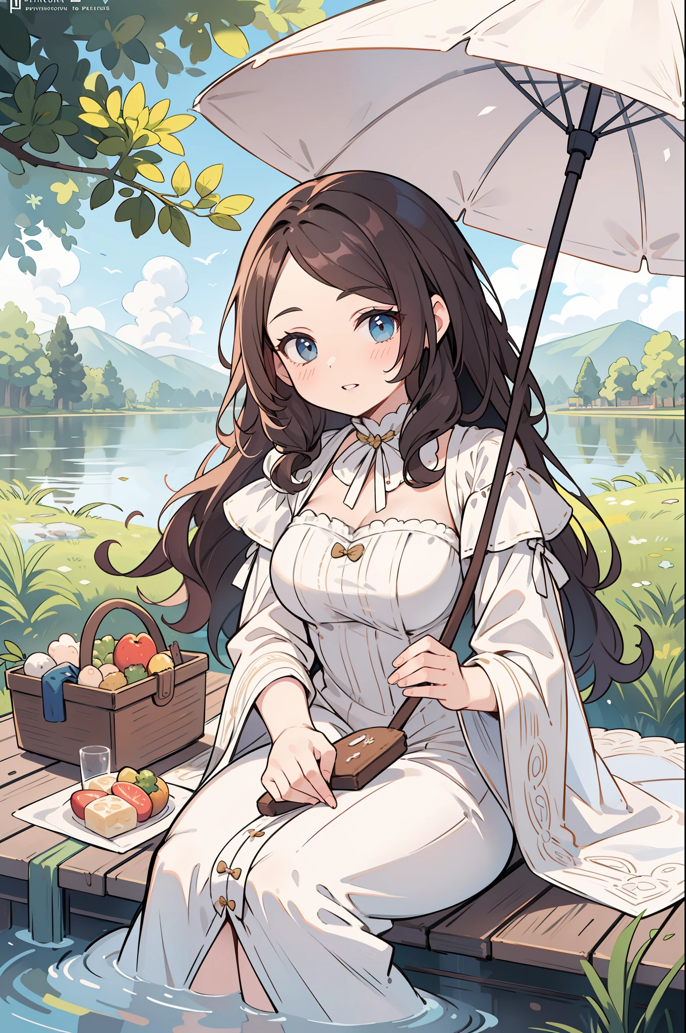 beat quality, beautiful woman sitting by the lake, having a picnic, victorian dress, parasol, perfect face, big gorgeous eyes, curly long hair, soft smile, parted lips, soft tones, in style of oil painting, clean lines, realism, 8k