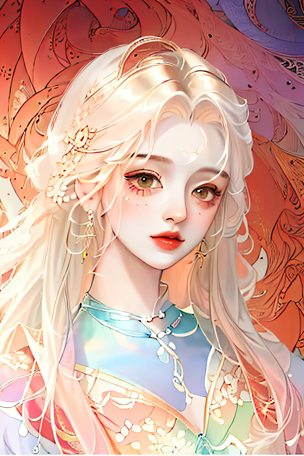 (masterpiece, top quality, best quality, official art, beautiful and aesthetic:1.2), (1girl:1.3), extremely detailed,(fractal art:1.2),colorful,highest detailed,(zentangle:1.2), (dynamic pose), (abstract background:1.5), (treditional dress:1.2), (shiny skin), (many colors:1.4), upper body