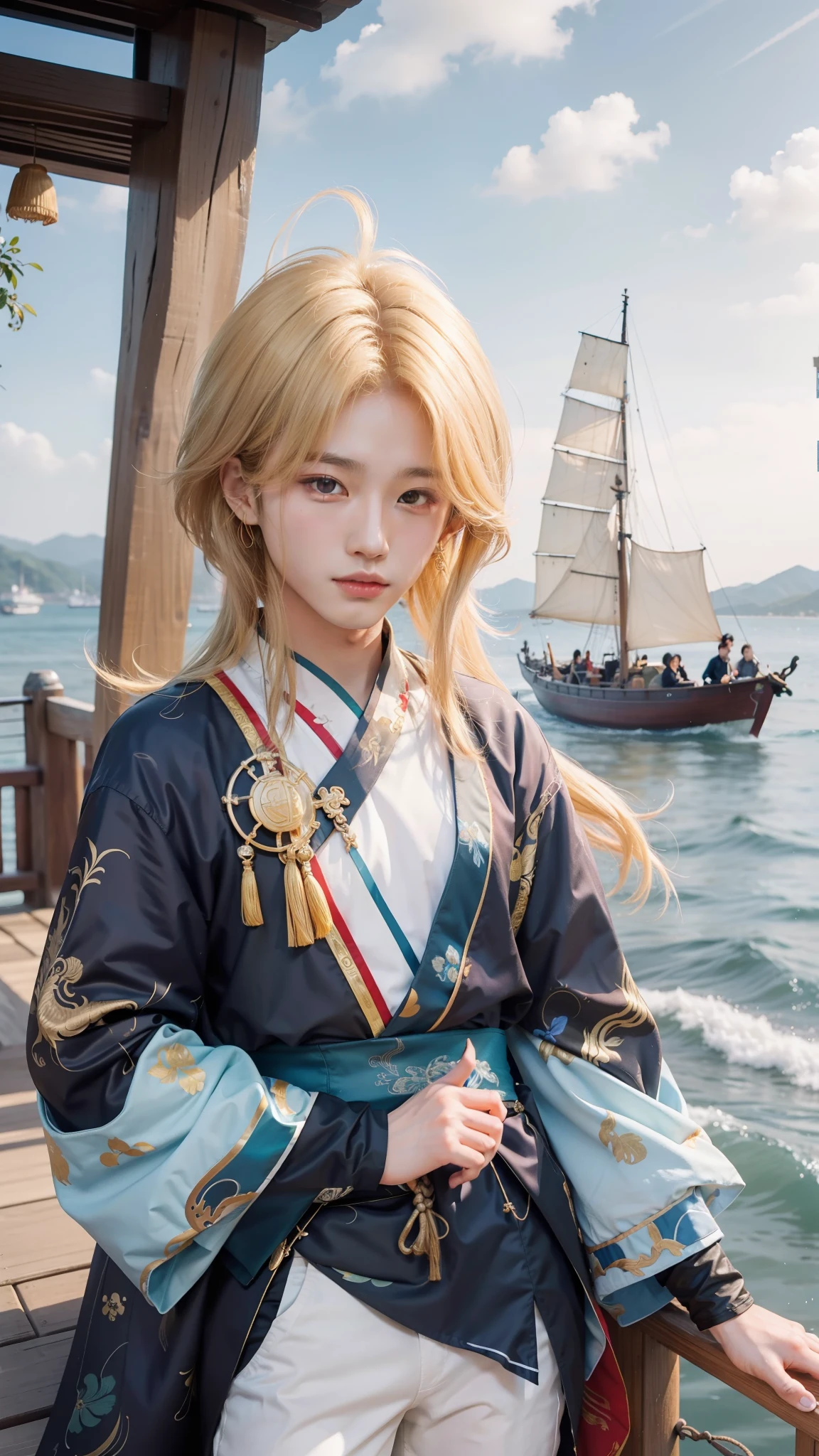 mtu，cool guy，Handsome men，20yr old，1 man,Golden hair，with short golden hair，with a round face，He has two long strands of hair on either side of his cheeks，Young and handsome Korean face，Yellow eyes，Blue Hanfu，white pantie，Handsome teenager，Handsome boys，Young handsome Chinese boy，Stand on the deck of a wooden boat，Behind is the sea and wooden boats，Chinese Ancient Architecture，Old building，Ancient wind，China-style，hyper HD, Masterpiece, ccurate, Textured skin, Super detail, High details, High quality, Award-Awarded, 4K，(Masterpiece:1.2), (Best quality:1.2), Glossy glossy skin, realisticlying