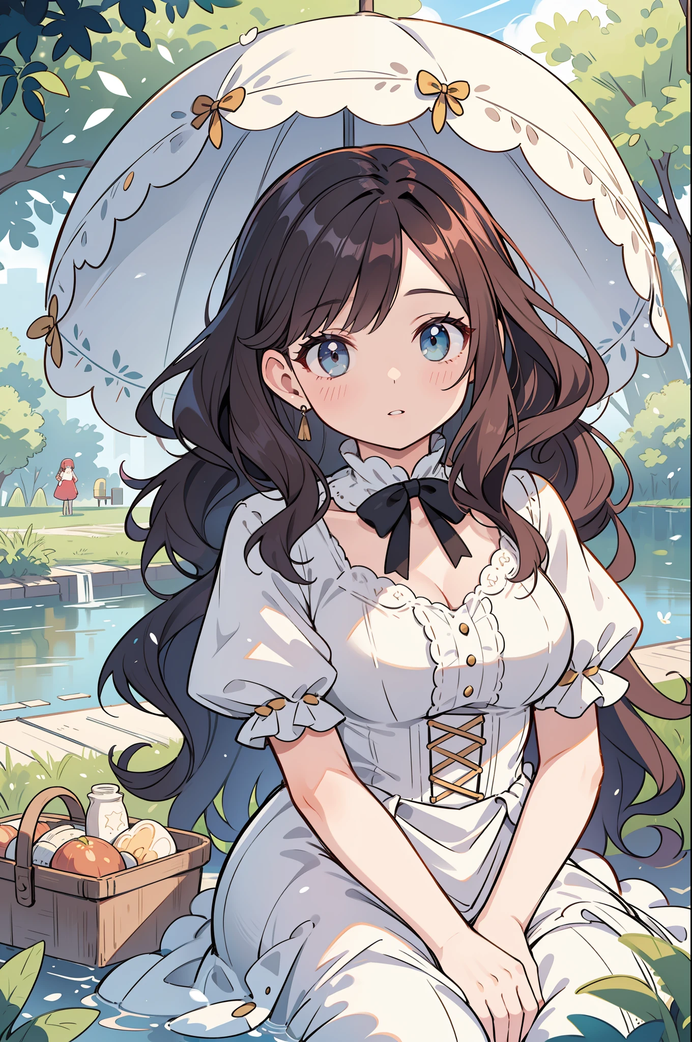 beat quality, beautiful woman sitting by the lake, having a picnic, victorian dress, parasol, perfect face, big gorgeous eyes, curly long hair, soft smile, parted lips, soft tones, in style of oil painting, clean lines, realism, 8k