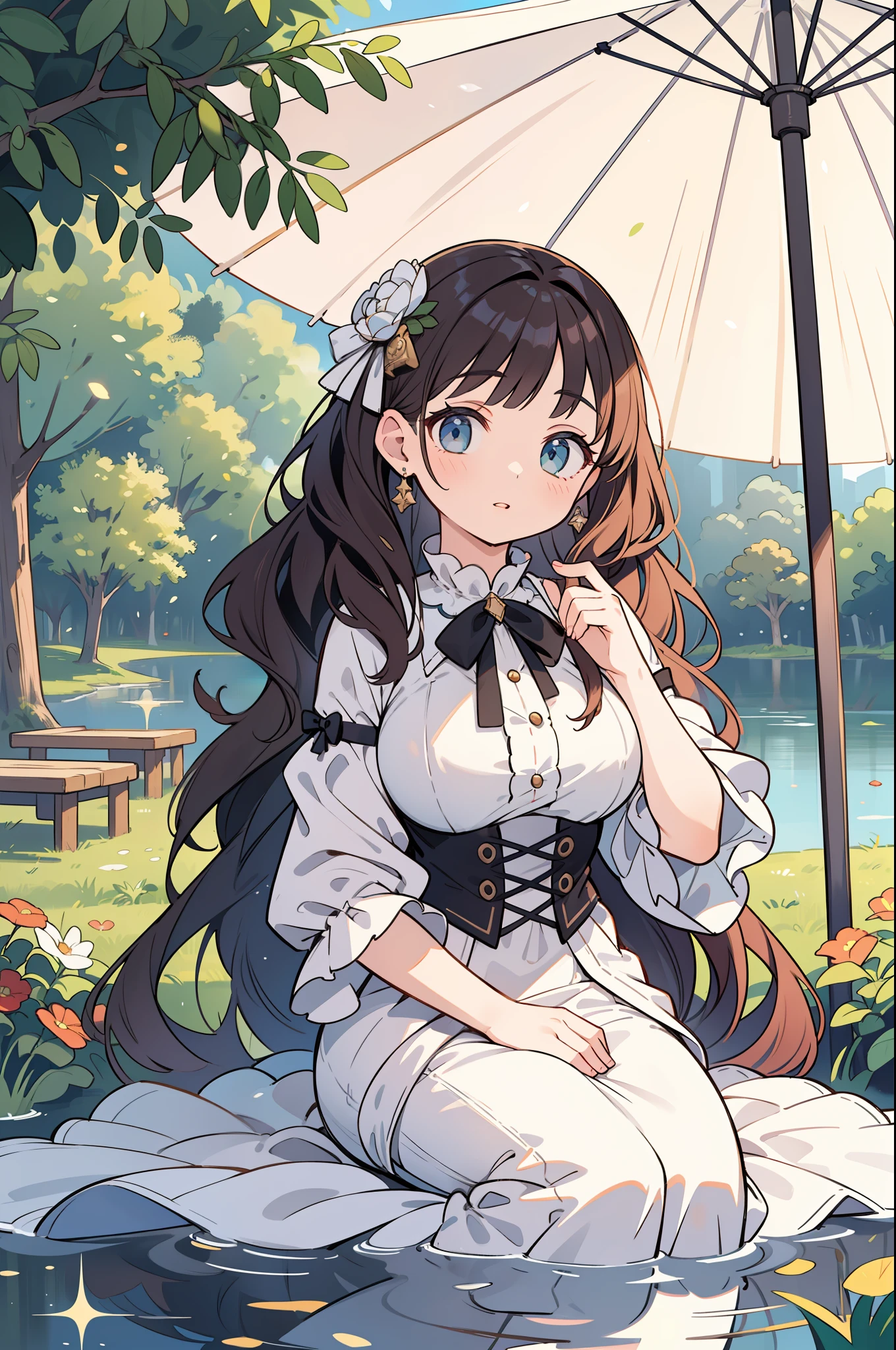 beat quality, beautiful woman sitting by the lake, having a picnic, victorian dress, parasol, perfect face, big gorgeous eyes, curly long hair, soft smile, parted lips, soft tones, in style of oil painting, clean lines, realism, 8k