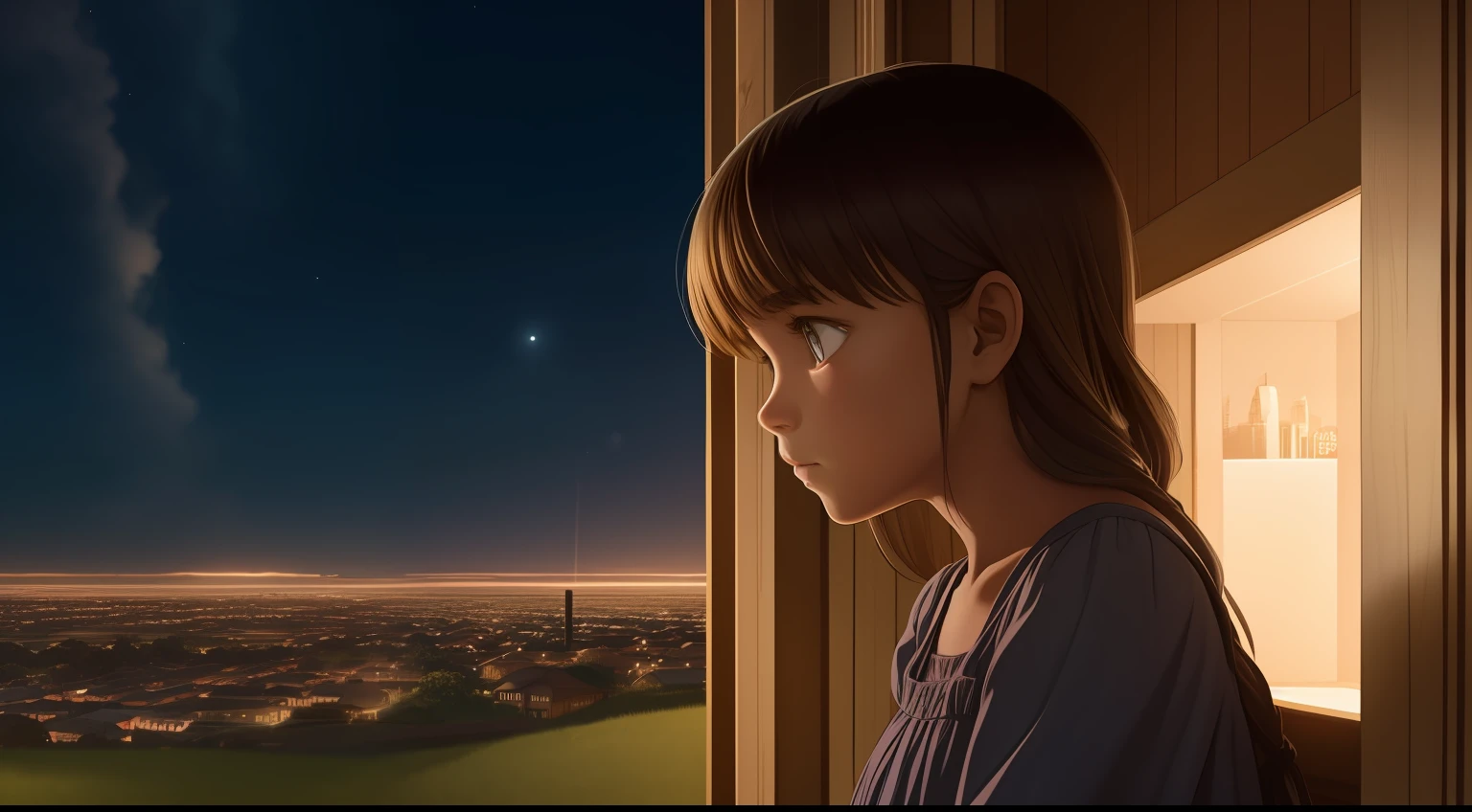 In the foreground, we see a young girl named Lily, who is the protagonist of our story. in night she slept out of her house, her eyes shining with curiosity and wonder. She wears a simple, earth-toned dress that reflects her connection to nature
