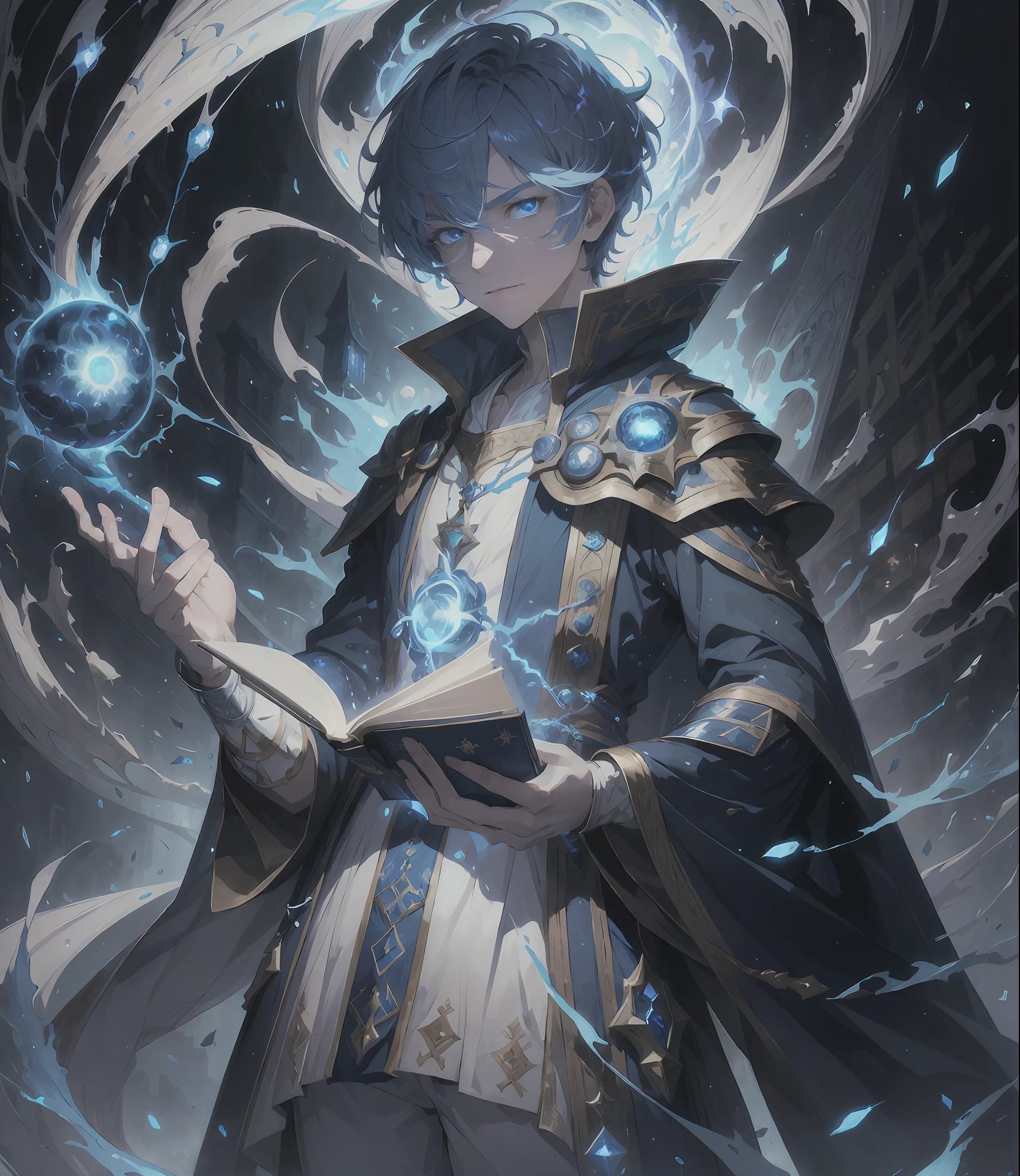 (absurdres, highres, ultra detailed), masterpiece, best quality, a boy with in white outfit, holding book, cape, wizard, solo, handsome, short hair, blue hair, blue eye, glowing eye, glow effect, blue flame, finely eye, detailed face, spark, swirl, magic vortex, isolated land background, from below, look down,