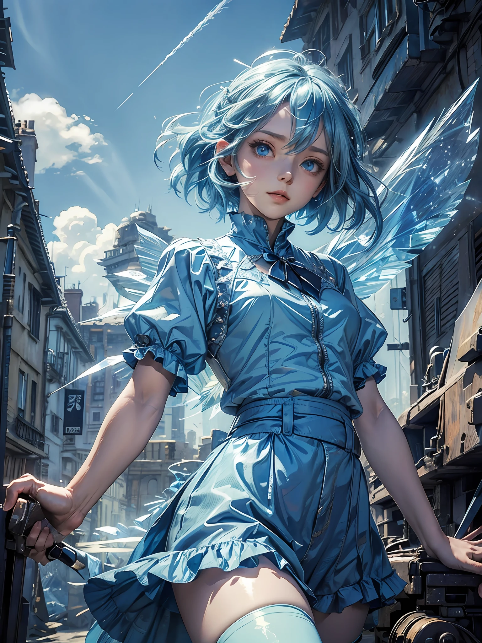 detailed background, masterpiece, best quality, cirno, crystal wings, blue hair, blue eyes, puffy short sleeves